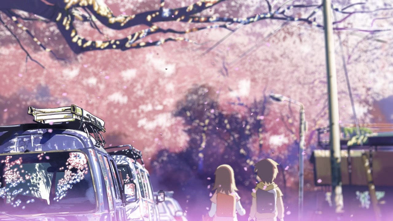 brown_hair, byousoku_5_centimetre, car, cherry_blossoms, flowers, petals, shinkai_makoto, shinohara_akari, toono_takaki, tree