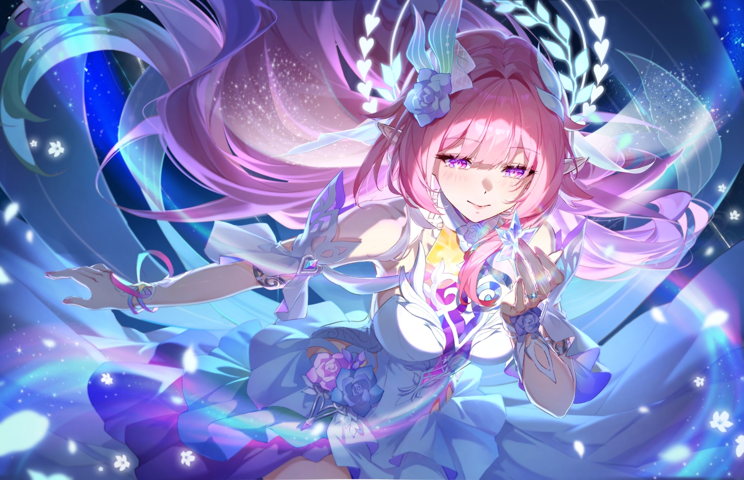 blush, cyrene_(honkai:_star_rail), dress, flowers, headdress, honkai_(series), honkai:_star_rail, long_hair