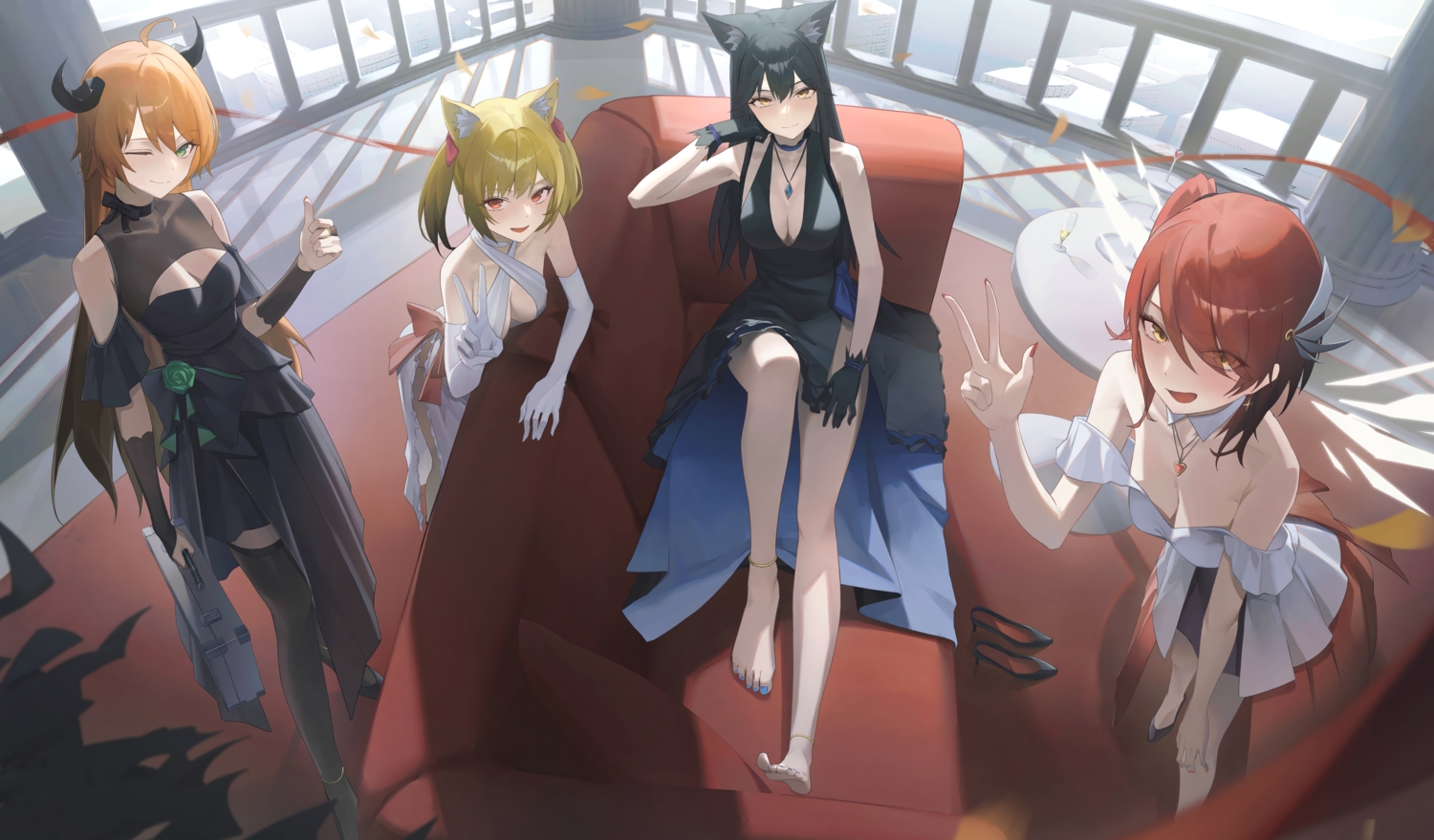 animal_ears, arknights, barefoot, black_hair, blonde_hair, bow, breasts, choker, cleavage, couch, croissant_(arknights), dress, elbow_gloves, exusiai_(arknights), gloves, green_eyes, group, horns, long_hair, necklace, orange_hair, ponytail, red_eyes, red_hair, ribbons, satellite999, short_hair, sora_(arknights), texas_(arknights), thighhighs, twintails, wings, wink, wolfgirl, yellow_eyes