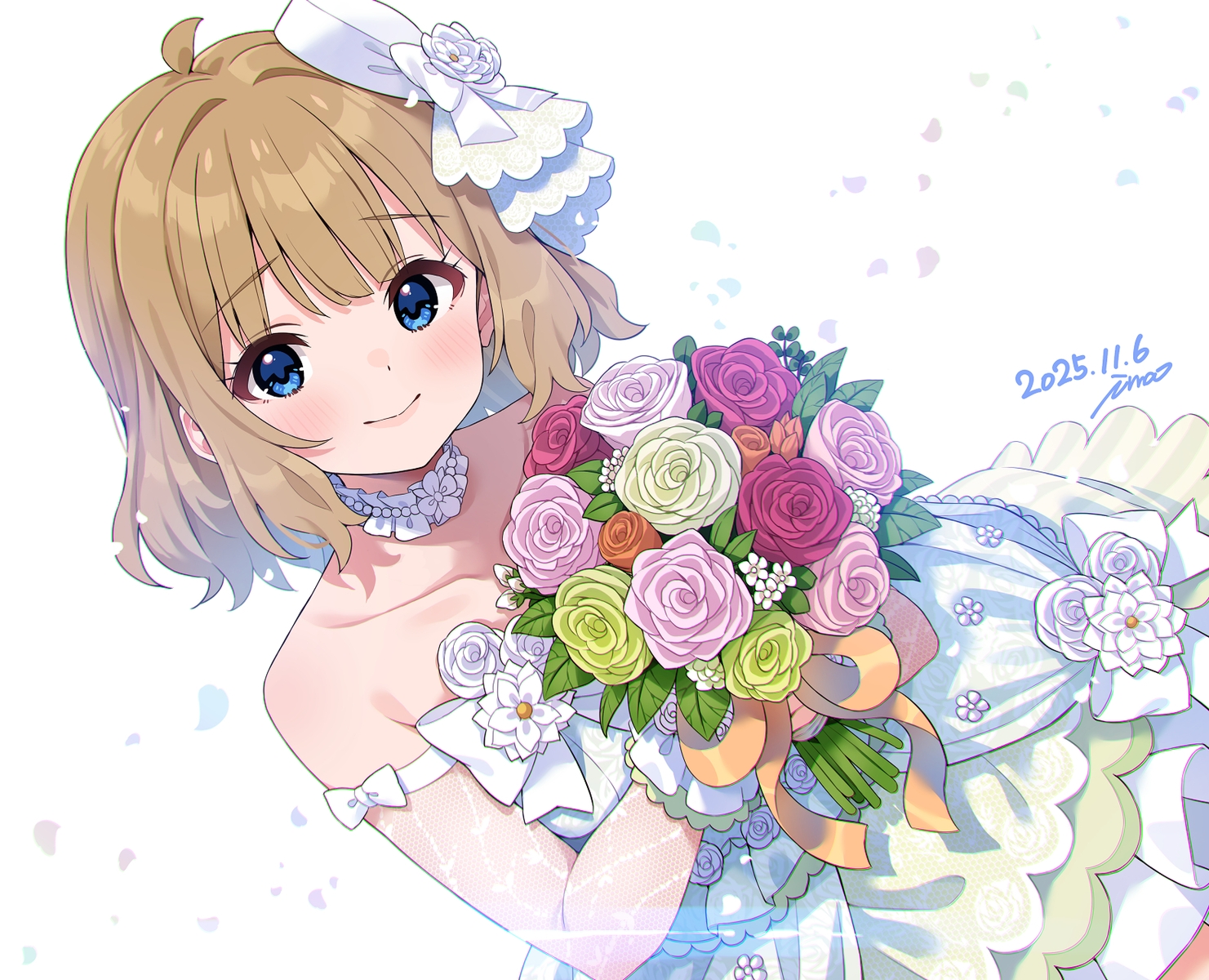 blue_eyes, blush, bow, brown_hair, choker, dress, flowers, idolmaster