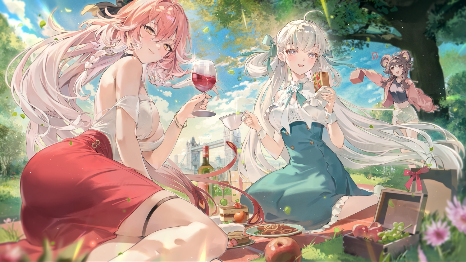 apple, ass, bow, braids, breasts, brown_eyes, brown_hair, cake