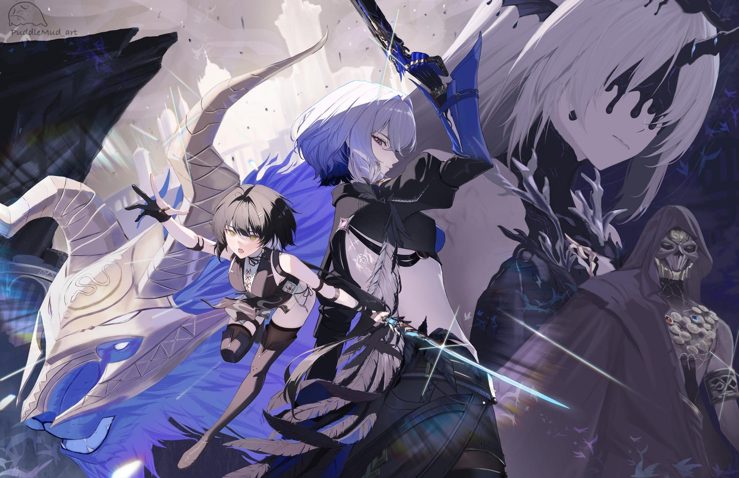 armor, black_hair, boots, breasts, cape, chimera_(wuthering_waves), choker, cleavage, feathers, female_rover_(wuthering_waves), galbrena_(wuthering_waves), garter, gloves, gray_hair, green_eyes, gun, hood, horns, leviathan_(wuthering_waves), long_hair, male, mask, necklace, pantyhose, puddlemud, purple_eyes, schwarzloch_(wuthering_waves), short_hair, thighhighs, watermark, weapon, wuthering_waves