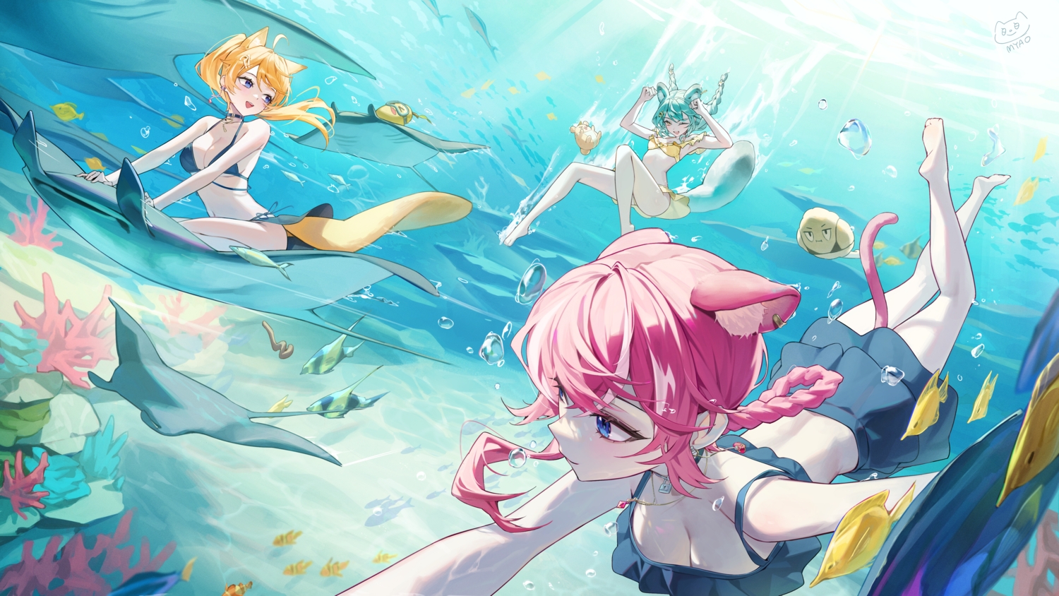 animal, animal_ears, aqua_hair, barefoot, bikini, blonde_hair, blue_eyes, braids, breasts, bubbles, catgirl, choker, cleavage, fish, kirali_(meridian_project), long_hair, meridian_project, myao_(myaodayone), necklace, pink_hair, ponytail, rei_(meridian_project), signed, skirt, swimsuit, tail, underwater, water, wink, yellow_eyes, yuzumi_(meridian_project)