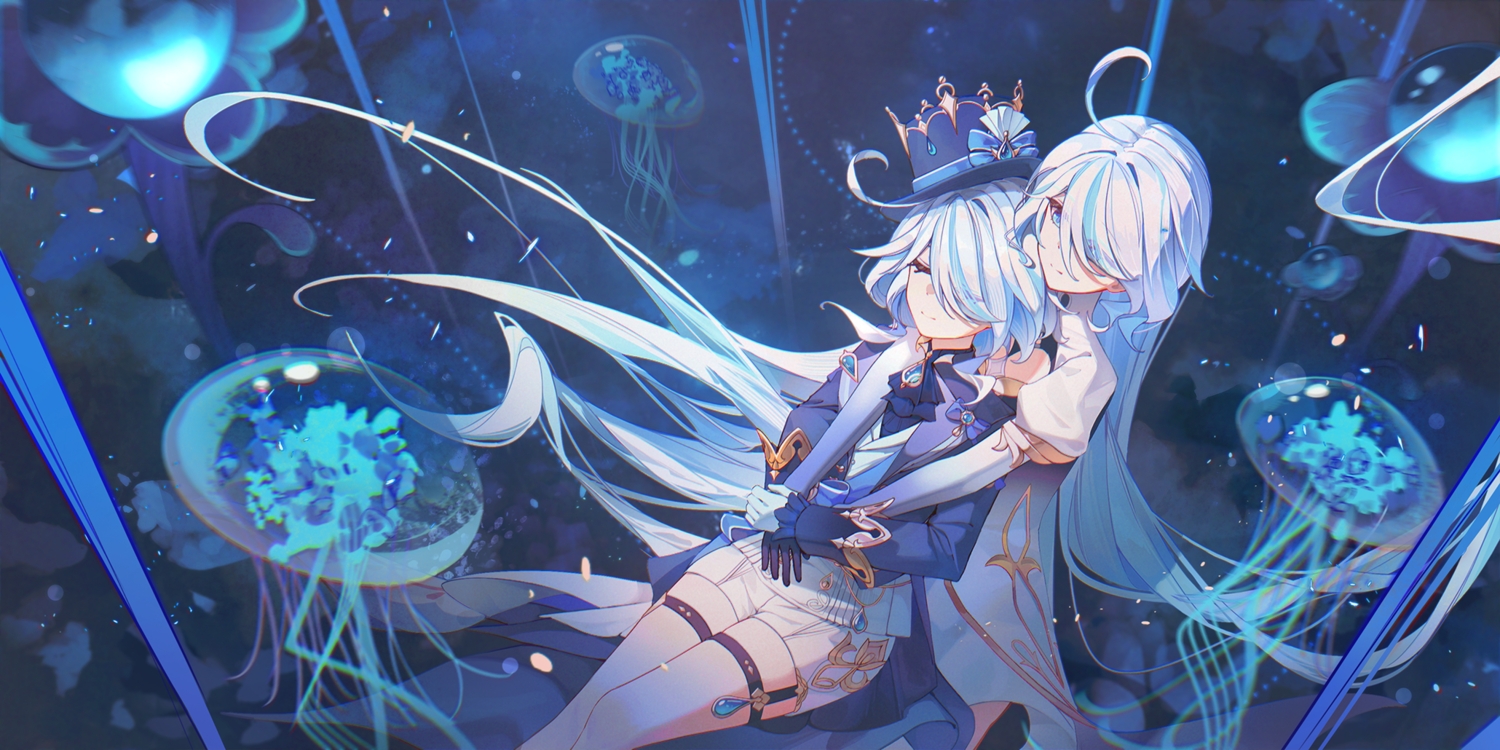 2girls, animal, blue, blue_eyes, dress, fish, focalors_(genshin_impact), furina_(genshin_impact)