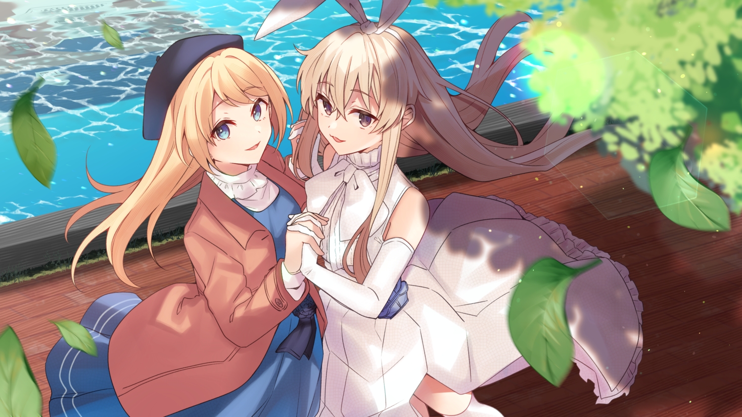 2girls, anthropomorphism, blonde_hair, blue_eyes, bow, brown_eyes, cat_smile, dress