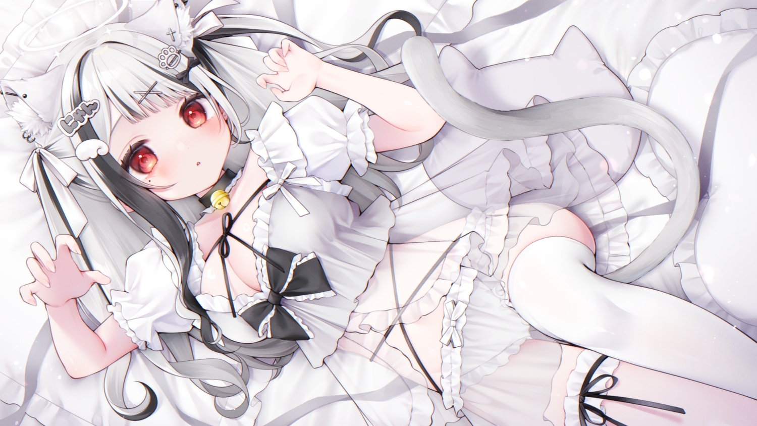animal_ears, bed, bell, blush, bow, breasts, catgirl, cleavage, collar, garter, gray_hair, halo, long_hair, miko_suuuuu, panties, red_eyes, ribbons, see_through, tail, thighhighs, underwear