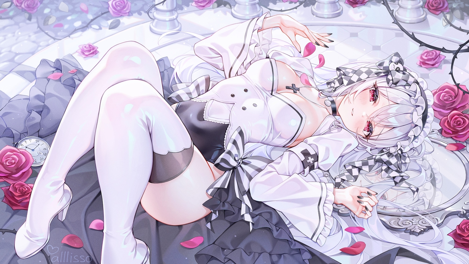 alllisso, blush, boots, breasts, cat_smile, choker, cross, flowers