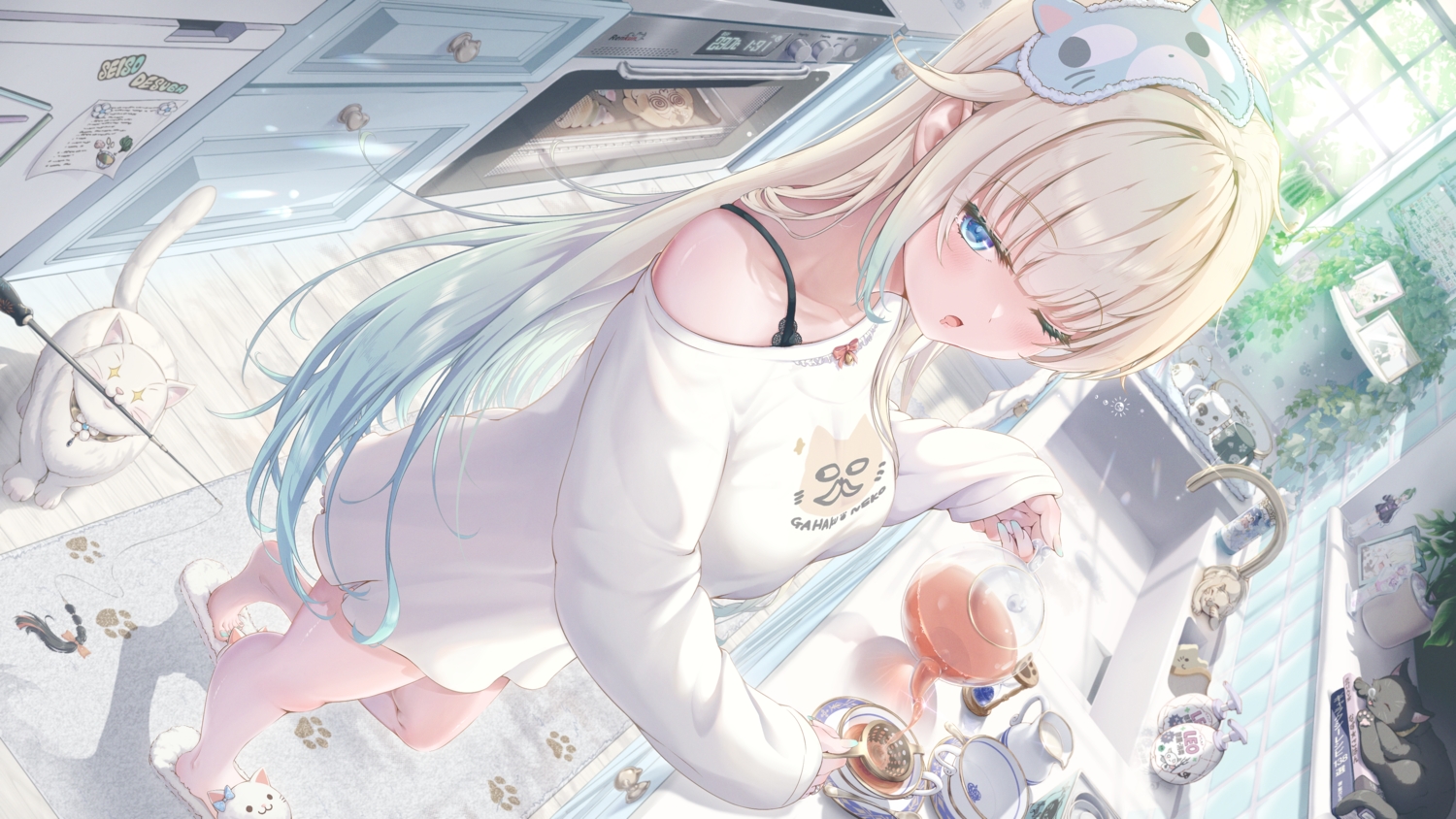 aizawa_ema, animal, barefoot, blonde_hair, blue_eyes, blush, bra, cat, close, drink, food, leaves, long_hair, mask, motoja_72p, paper, underwear, vspo!, wink