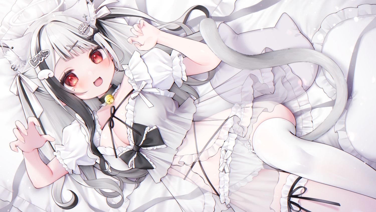 animal_ears, bed, bell, blush, bow, breasts, catgirl, cleavage