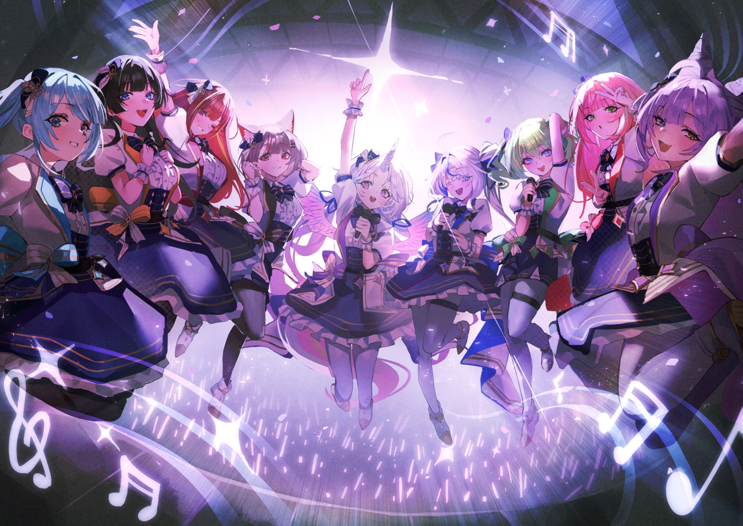 akane_lize, aliasing, animal_ears, aokumo_rin, arahashi_tabi, ayatsuno_yuni, bicolored_eyes, black_eyes, black_hair, blue_eyes, blue_hair, boots, bow, braids, breast_hold, catgirl, cat_smile, corset, dress, fang, foxgirl, garter, gray_hair, green_eyes, green_hair, group, hanako_nana, horns, long_hair, microphone, music, neneko_mashiro, okinairis, pantyhose, pink_hair, purple_eyes, purple_hair, red_eyes, red_hair, shirayuki_hina, shirt, short_hair, shorts, stellive, tenko_shibuki, twintails, uniform, white_hair, wings, wink, wristwear, yuzuha_riko