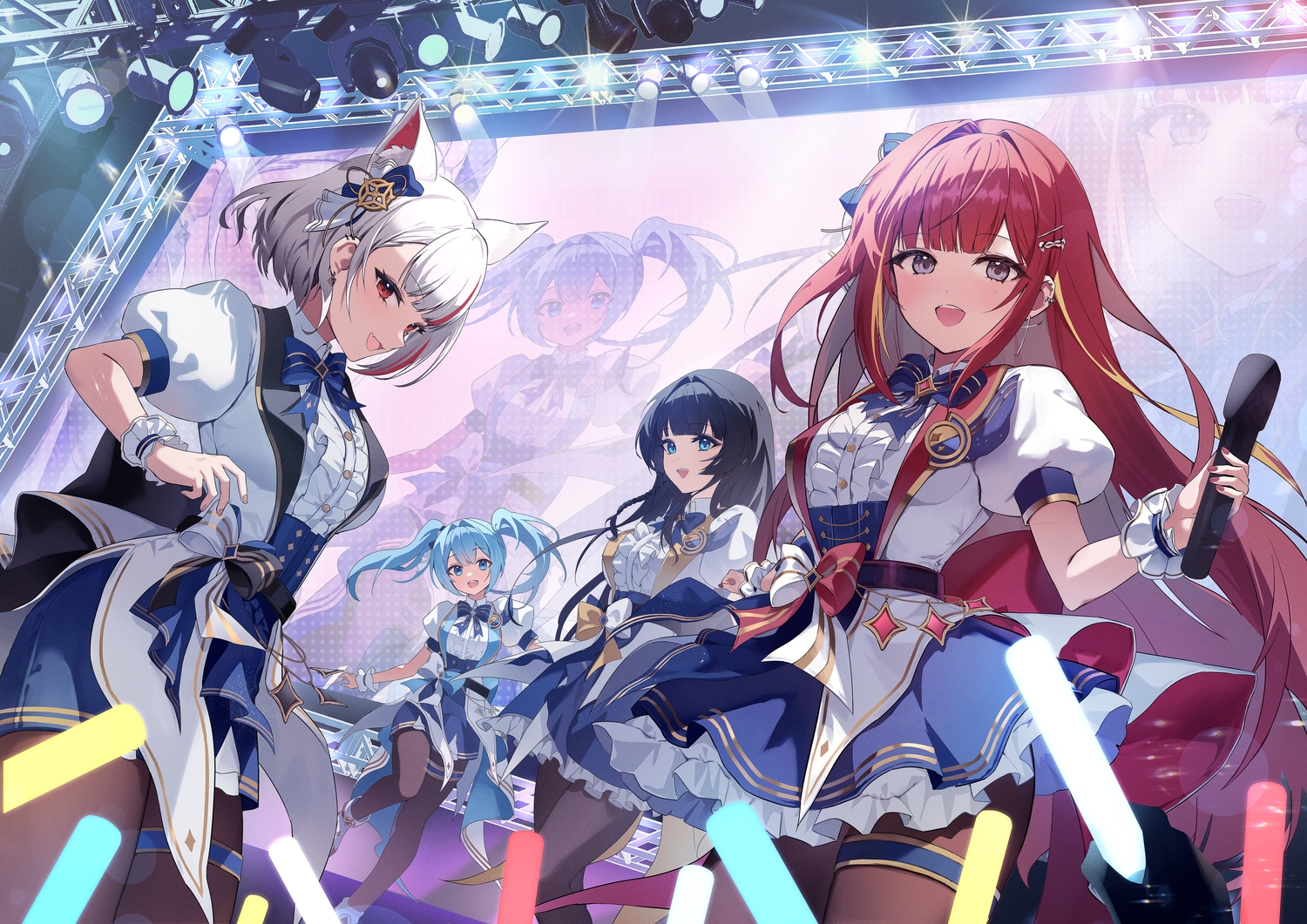 akane_lize, animal_ears, arahashi_tabi, black_eyes, black_hair, blue_eyes, blue_hair, bow, catgirl, cat_smile, corset, dress, fang, garter, gray_hair, group, long_hair, microphone, neneko_mashiro, pantyhose, red_eyes, red_hair, shirayuki_hina, short_hair, shorts, stellive, twintails, uniform, wristwear, zima_(win_octopus)