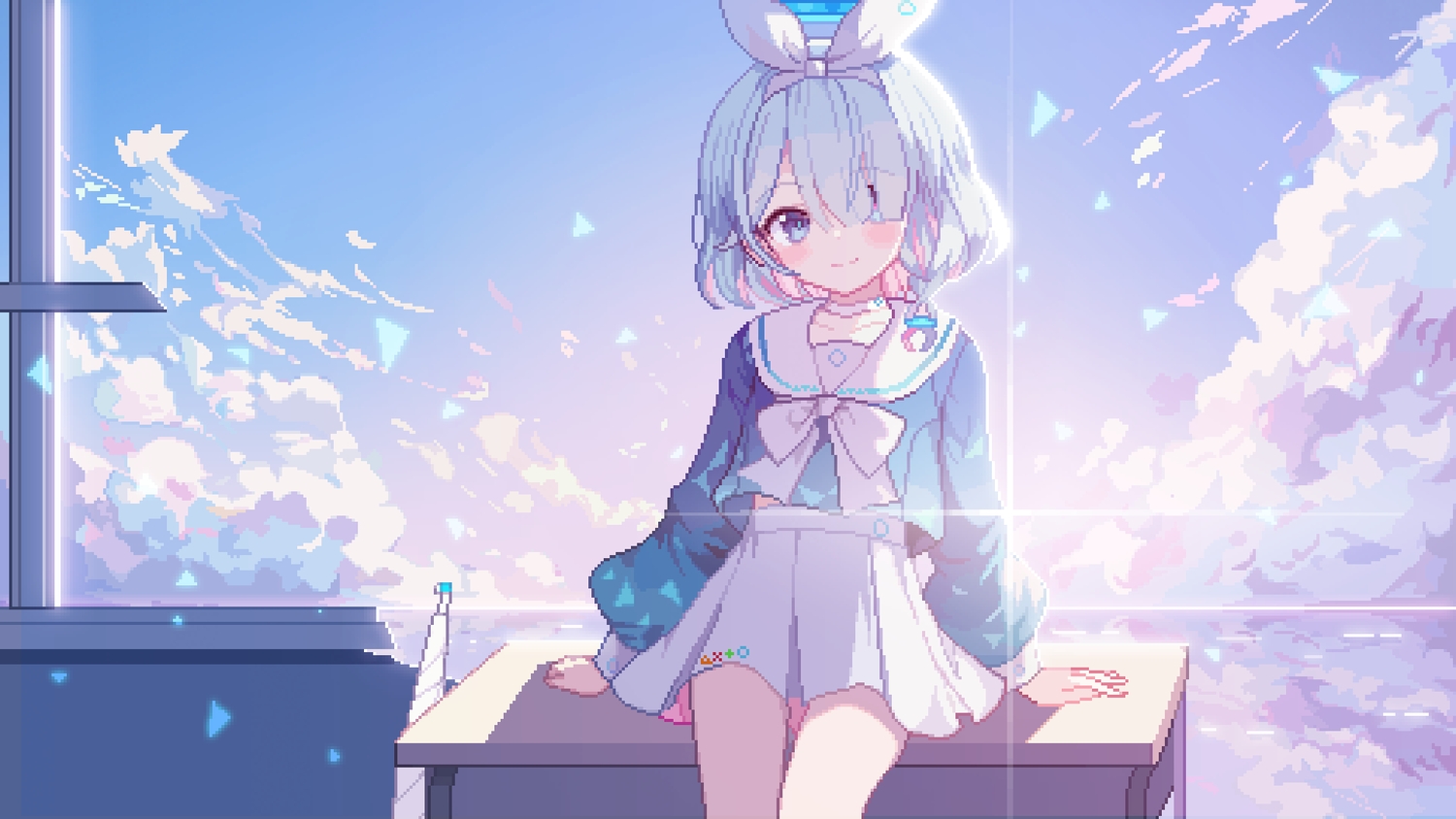 arona_(blue_archive), blue_archive, blue_eyes, blue_hair, bow, braids, choker, clouds
