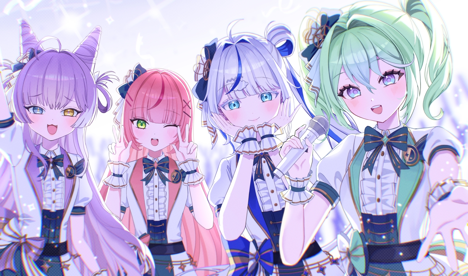 aokumo_rin, aqua_eyes, bicolored_eyes, blush, bow, cat_smile, corset, dress, foxgirl, green_eyes, green_hair, group, hanako_nana, long_hair, microphone, pink_hair, poni13101, purple_eyes, purple_hair, stellive, tenko_shibuki, twintails, uniform, white_hair, wink, wristwear, yuzuha_riko
