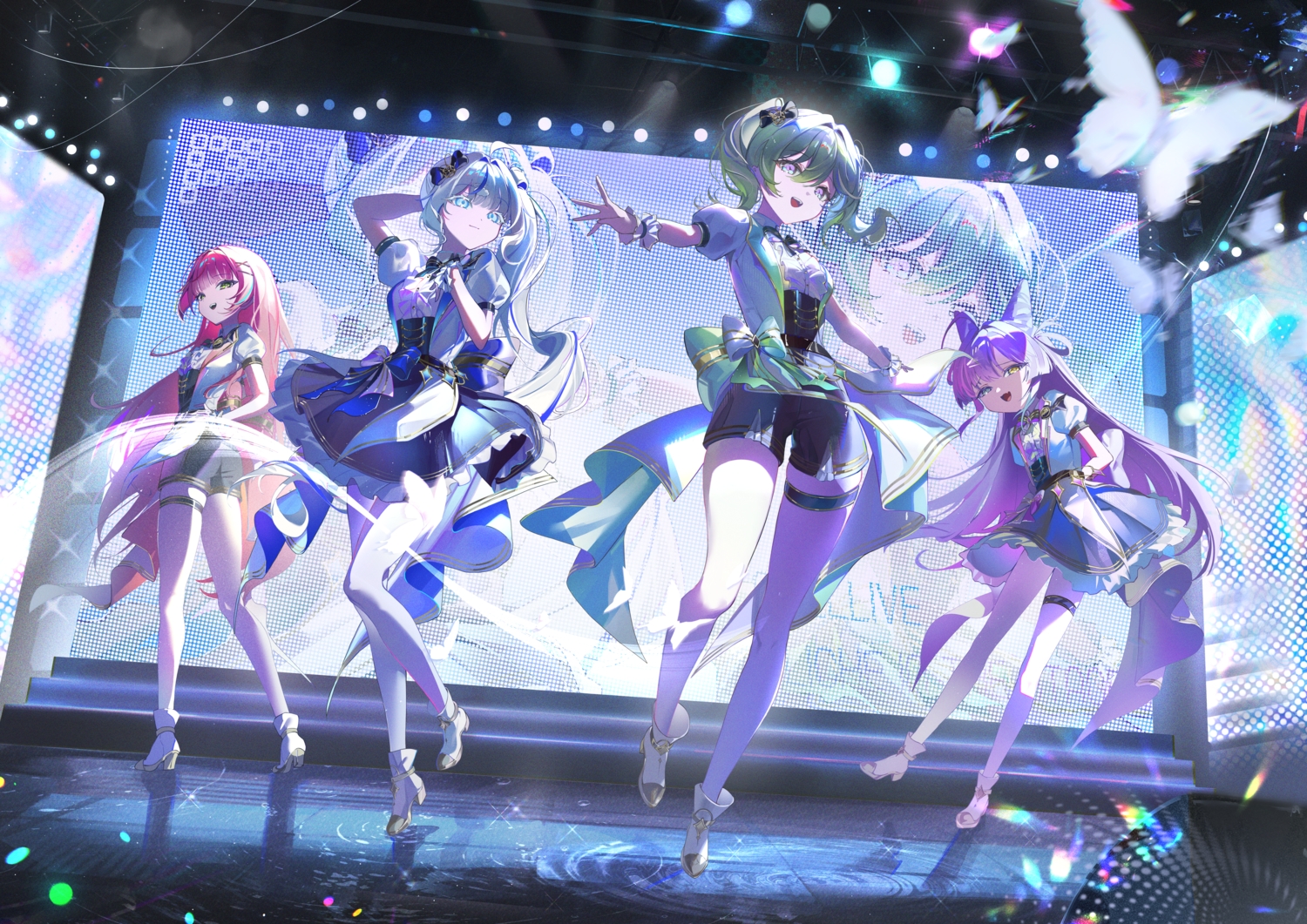aokumo_rin, ass, bicolored_eyes, blue_eyes, boots, bow, butterfly, cat_smile, corset, dress, fang, foxgirl, garter, green_eyes, green_hair, group, hanako_nana, long_hair, pink_hair, ponytail, purple_eyes, purple_hair, r_aeel, shorts, stellive, tenko_shibuki, twintails, uniform, white_hair, wristwear, yuzuha_riko