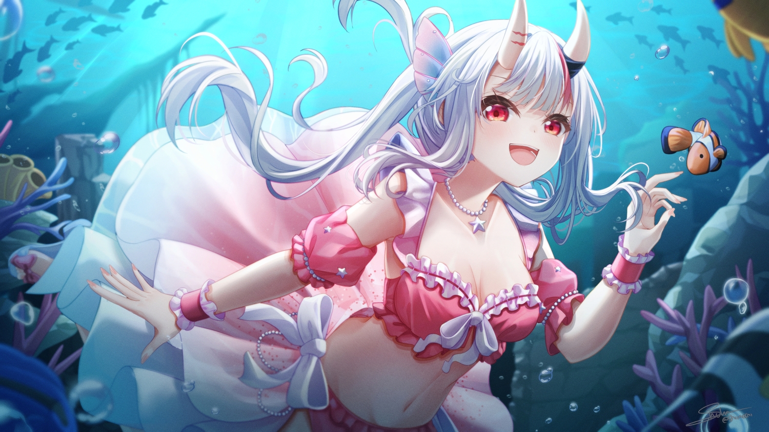 animal, bikini, blush, bow, breasts, bubbles, demon, fish