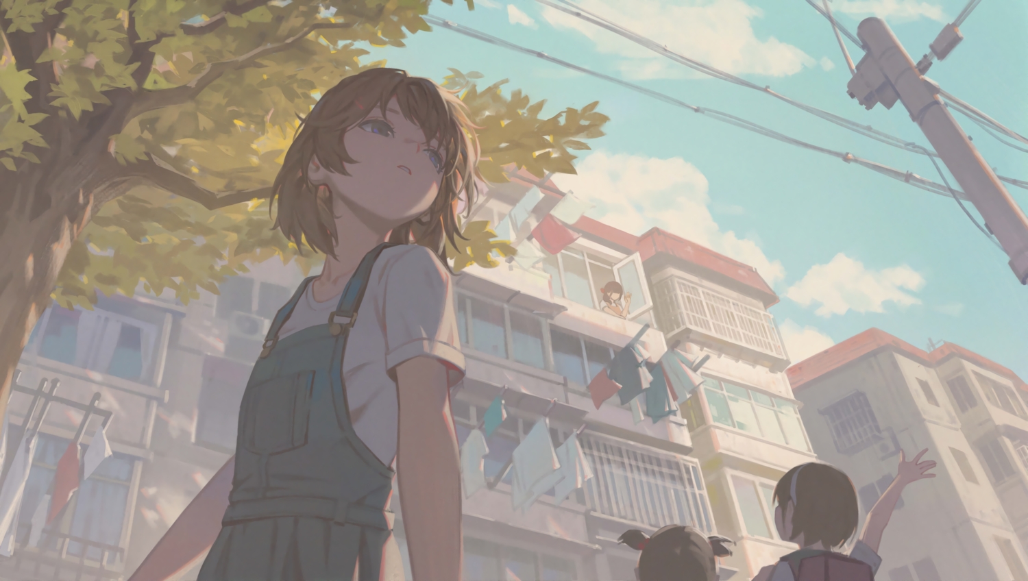 blue_eyes, brown_hair, building, clouds, headband, hyxifeng, loli, original