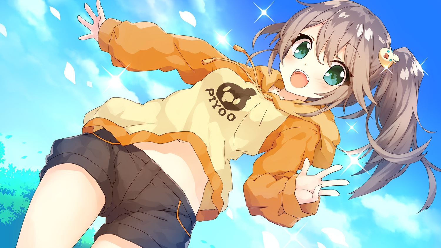 blush, brown_hair, clouds, green_eyes, hiyo_(project_tokyo_dolls), hood, leaves, long_hair, navel, petals, ponytail, project_tokyo_dolls, saeki_touma, shorts, sky