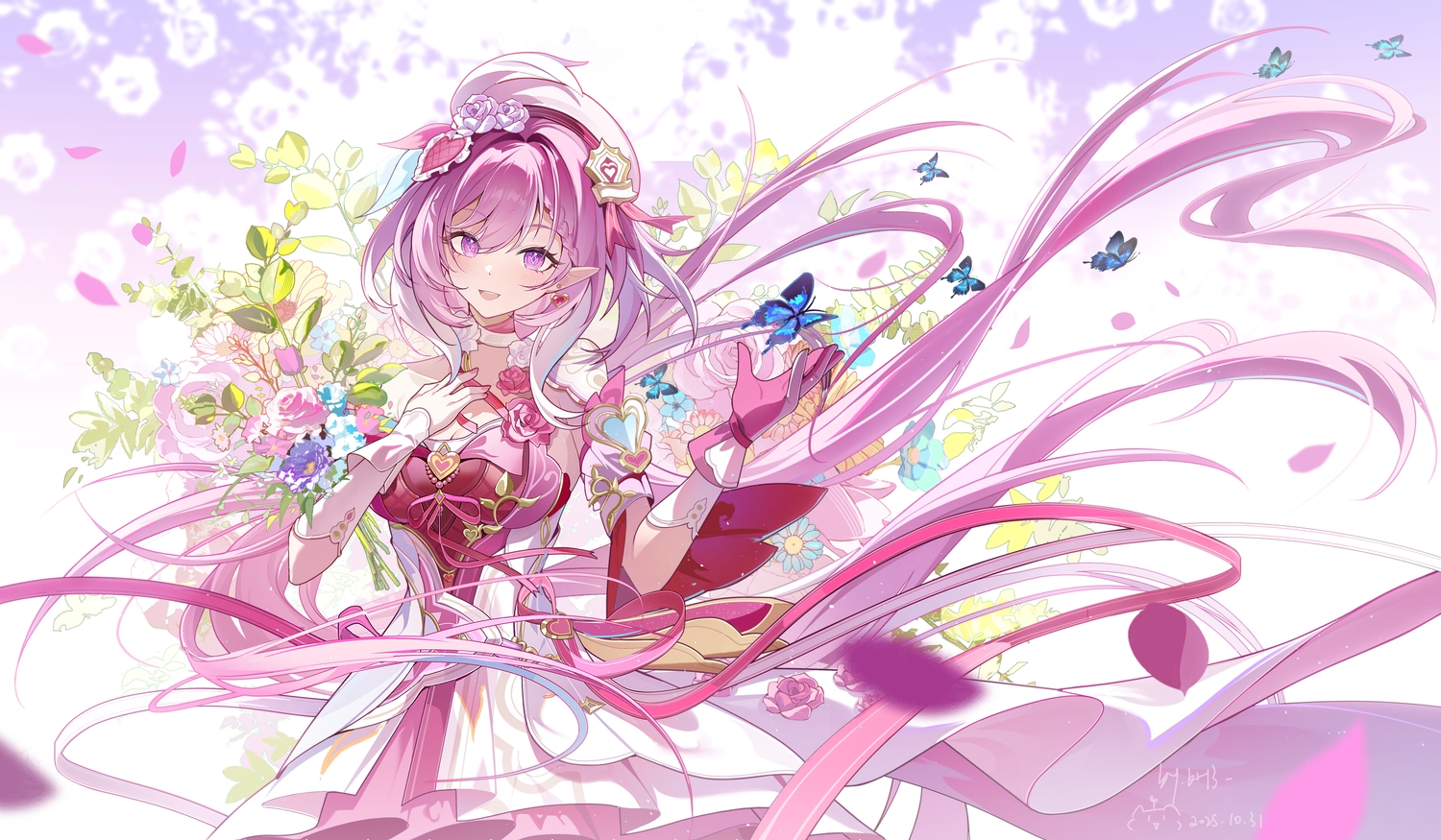 aliasing, blush, bow, braids, breast_hold, breasts, butterfly, choker