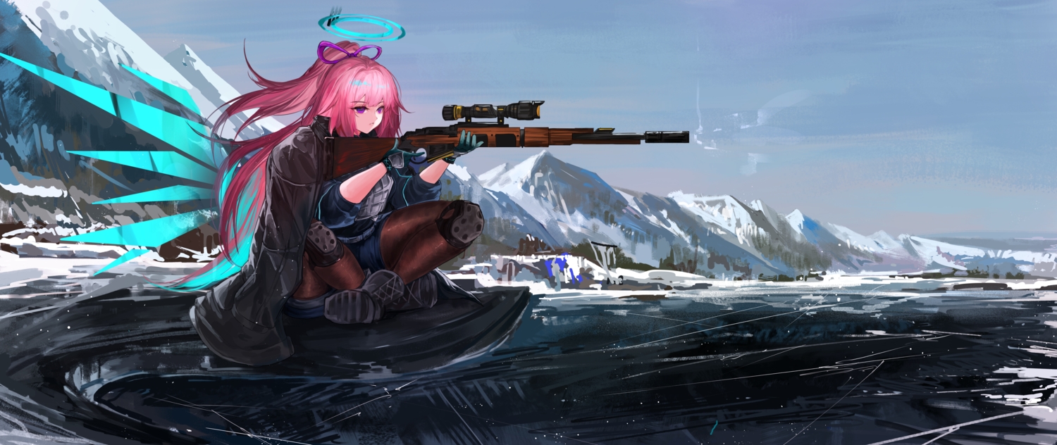 ambriel_(arknights), arknights, armor, boots, bow, cape, gloves, gun