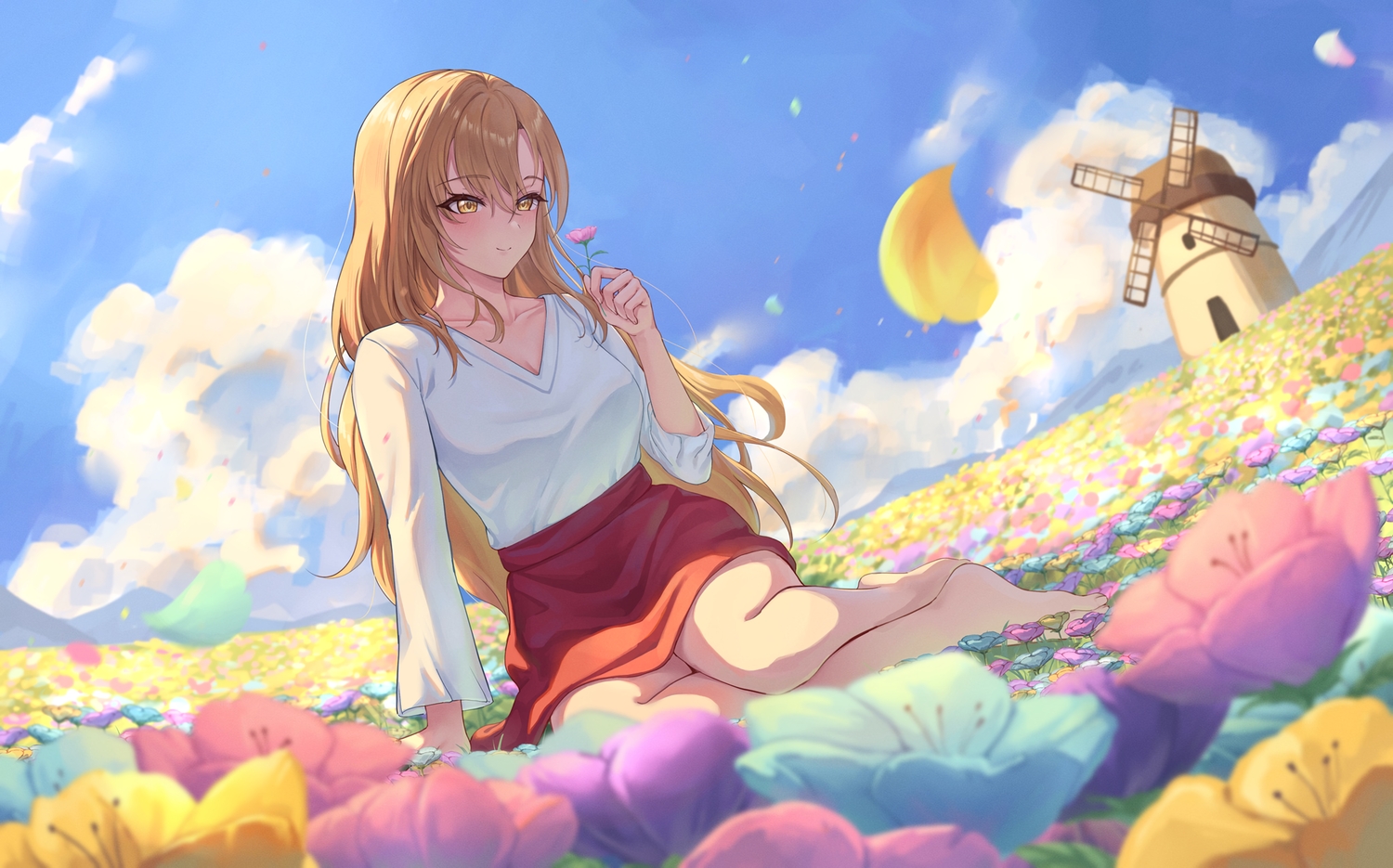 barefoot, blush, brown_hair, clouds, flowers, leeshin0919, long_hair, petals