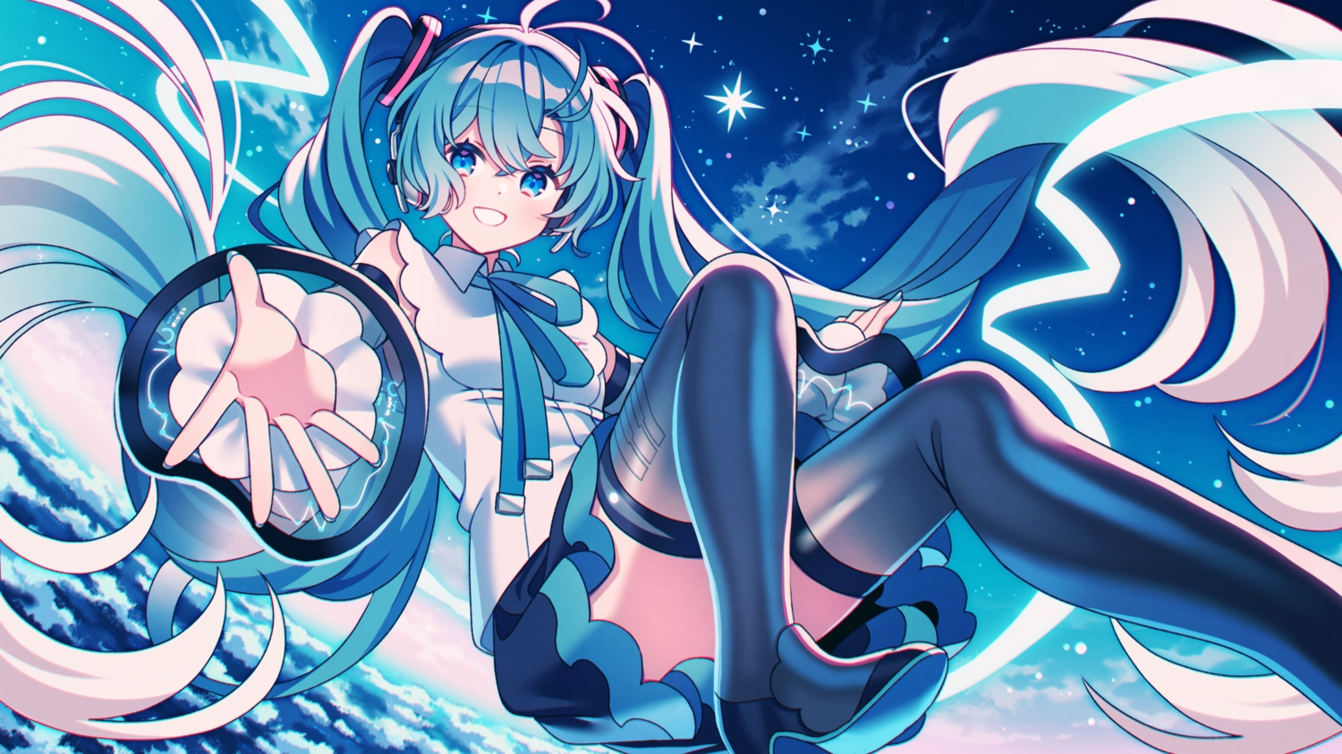 amagi_hana, aqua_hair, blue, blue_eyes, boots, bow, clouds, hatsune_miku