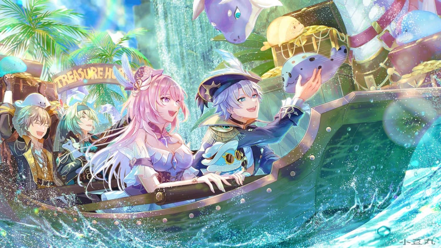aliasing, anaxa_(honkai:_star_rail), aqua_eyes, azukimaru, boat, breasts, bubbles_(honkai:_star_rail), caelus_(honkai:_star_rail)