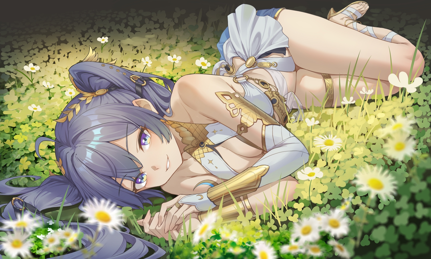 aluo_7762, blue_eyes, blue_hair, breasts, cleavage, dress, flowers, garter, grass, iuno_(wuthering_waves), leaves, long_hair, twintails, wristwear, wuthering_waves