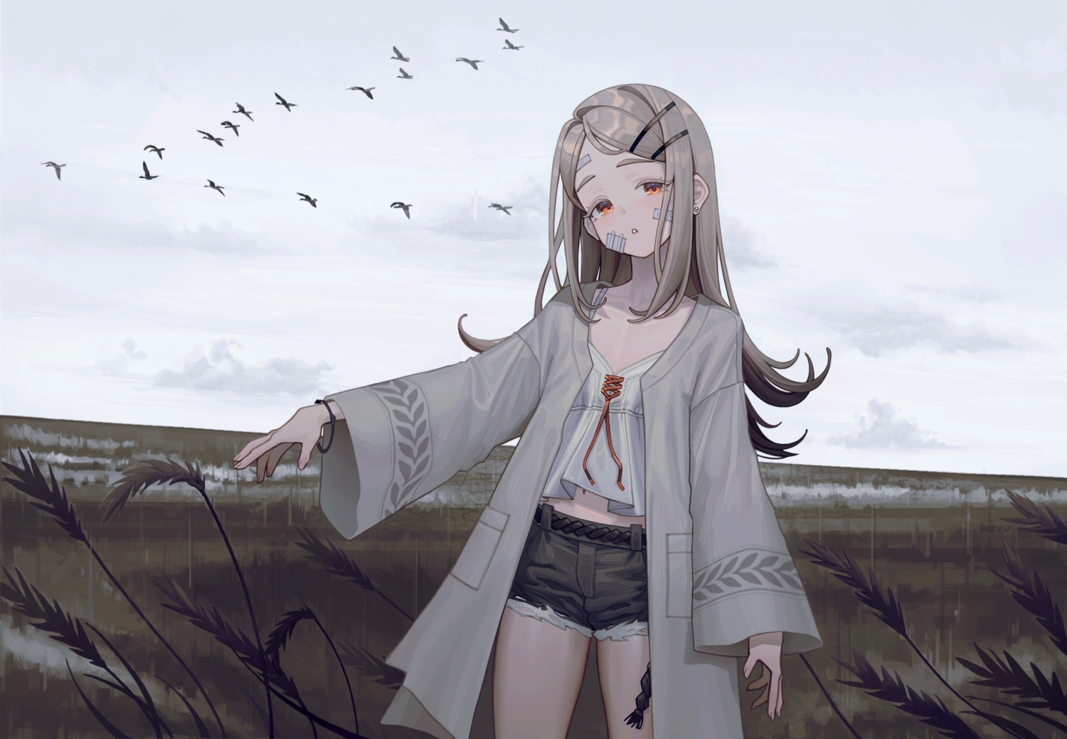 bandage, blonde_hair, clouds, constant_qiu, flat_chest, gakuen_idolmaster, grass, idolmaster