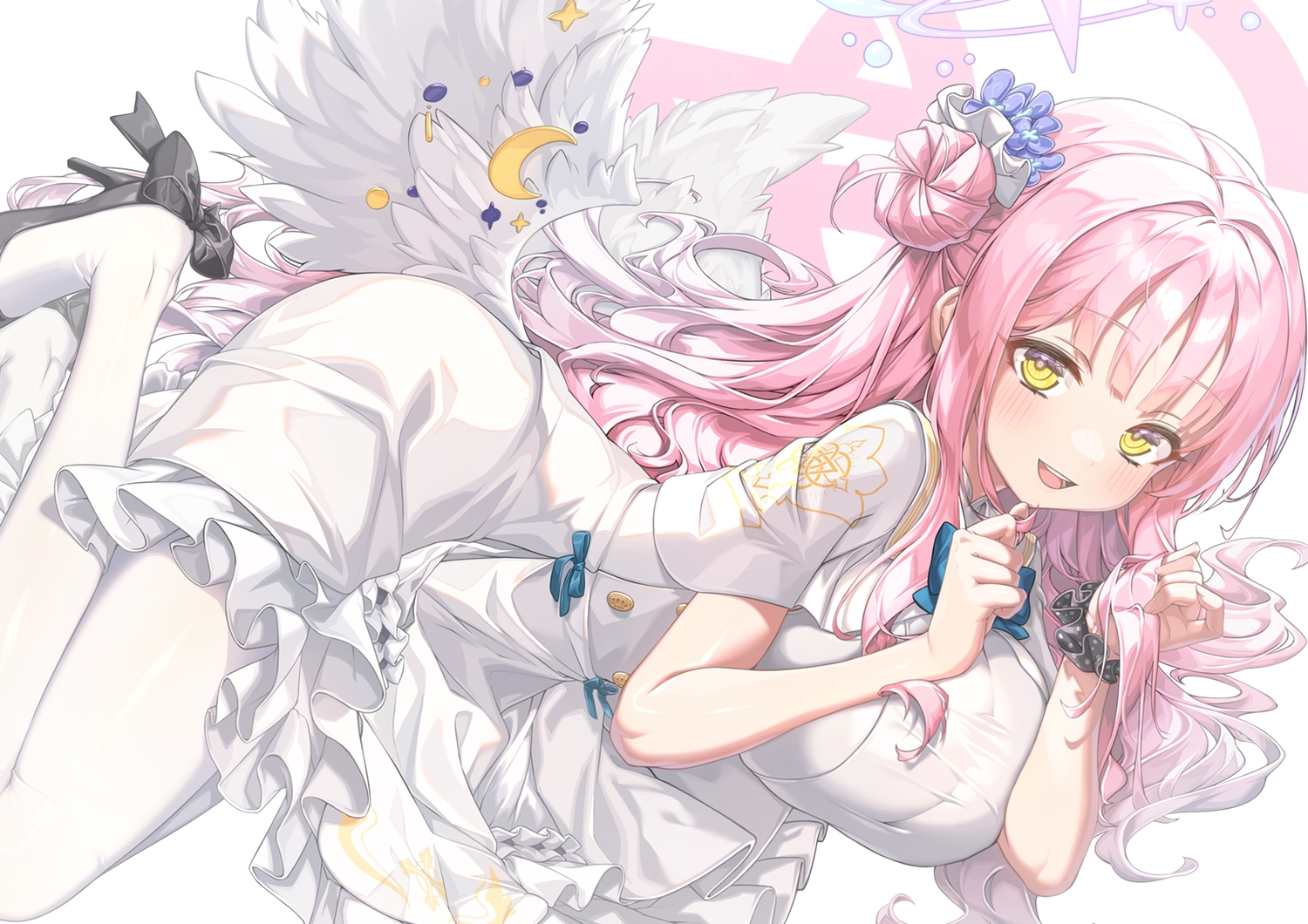 blue_archive, blush, bow, breast_hold, breasts, cape, dress, halo