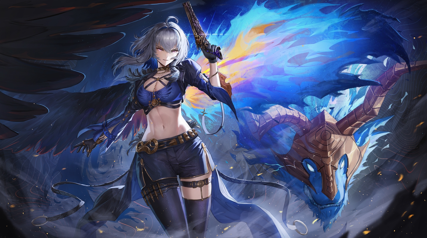 angelo_(angeloart26), armor, breasts, chimera_(wuthering_waves), choker, cleavage, feathers, galbrena_(wuthering_waves)