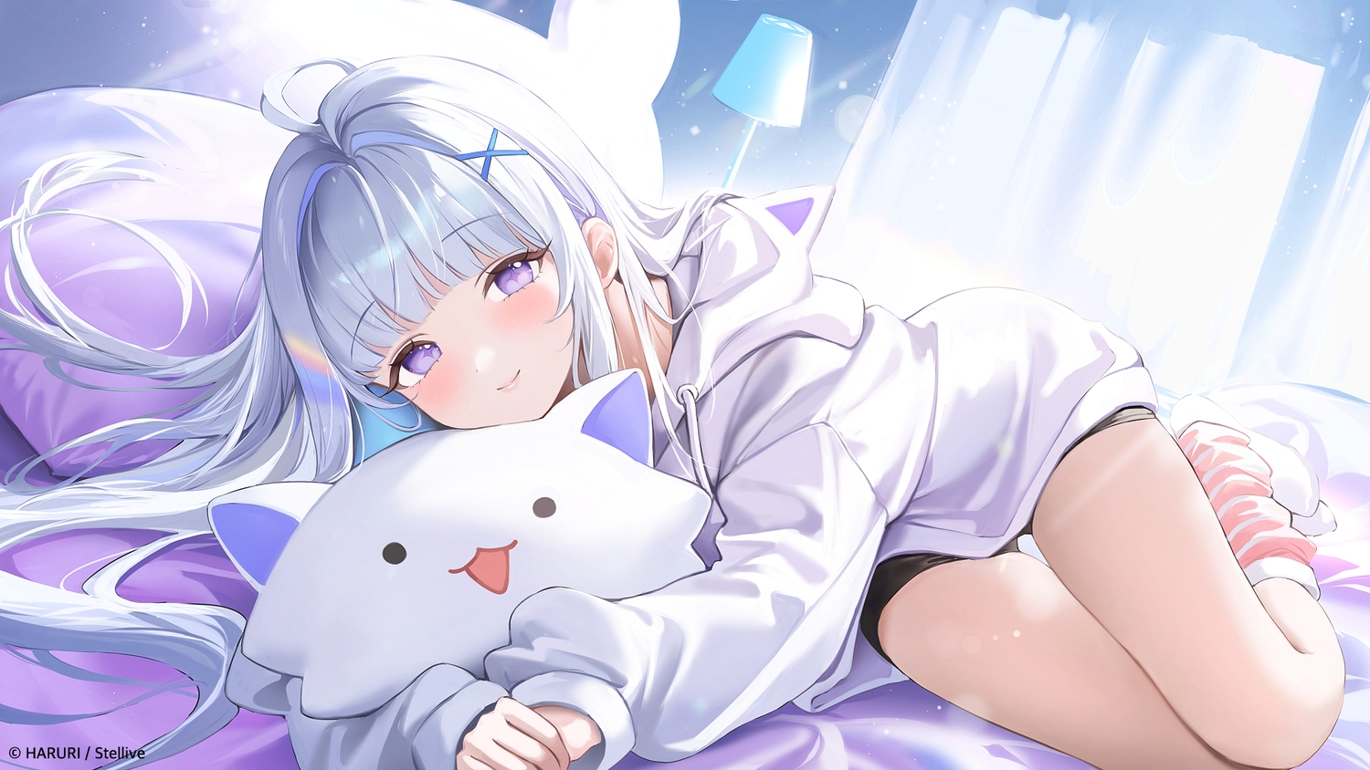 ayatsuno_yuni, bed, gray_hair, haruri, hood, long_hair, purple_eyes, shorts, stellive, watermark