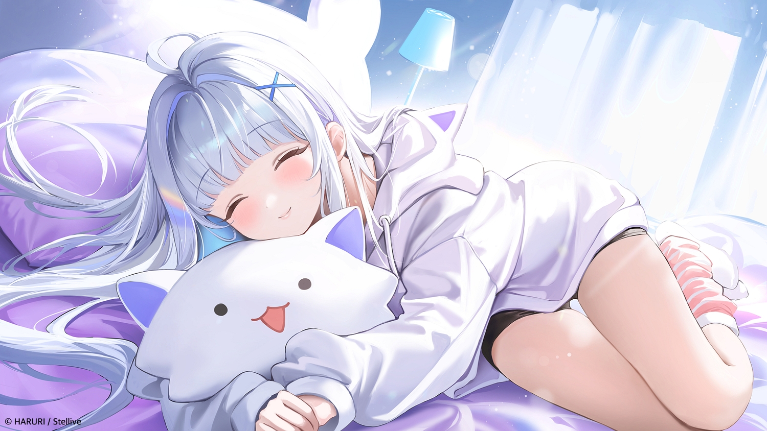 ayatsuno_yuni, bed, gray_hair, haruri, hood, long_hair, shorts, stellive