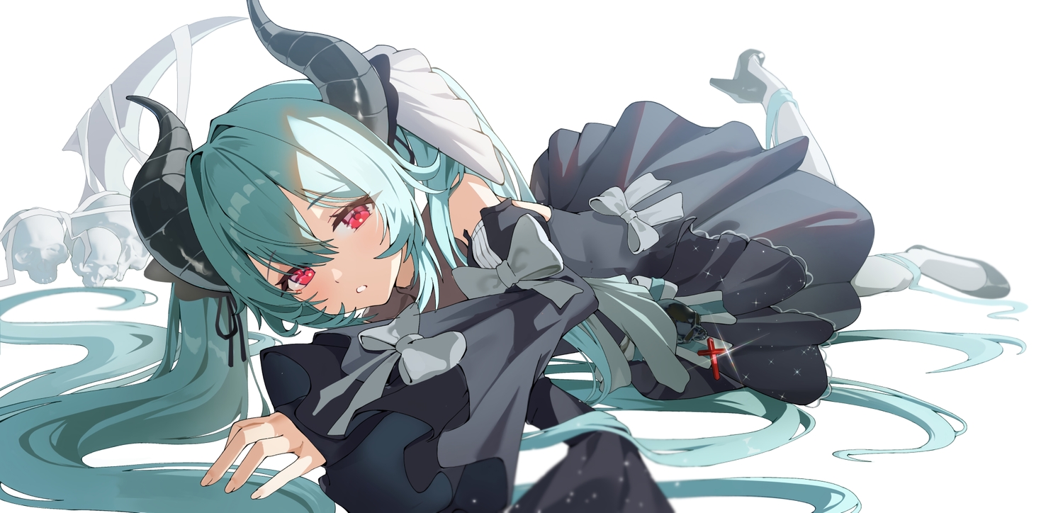 aqua_hair, bow, cross, dress, goth-loli, horns, kagemoe1003, lolita_fashion