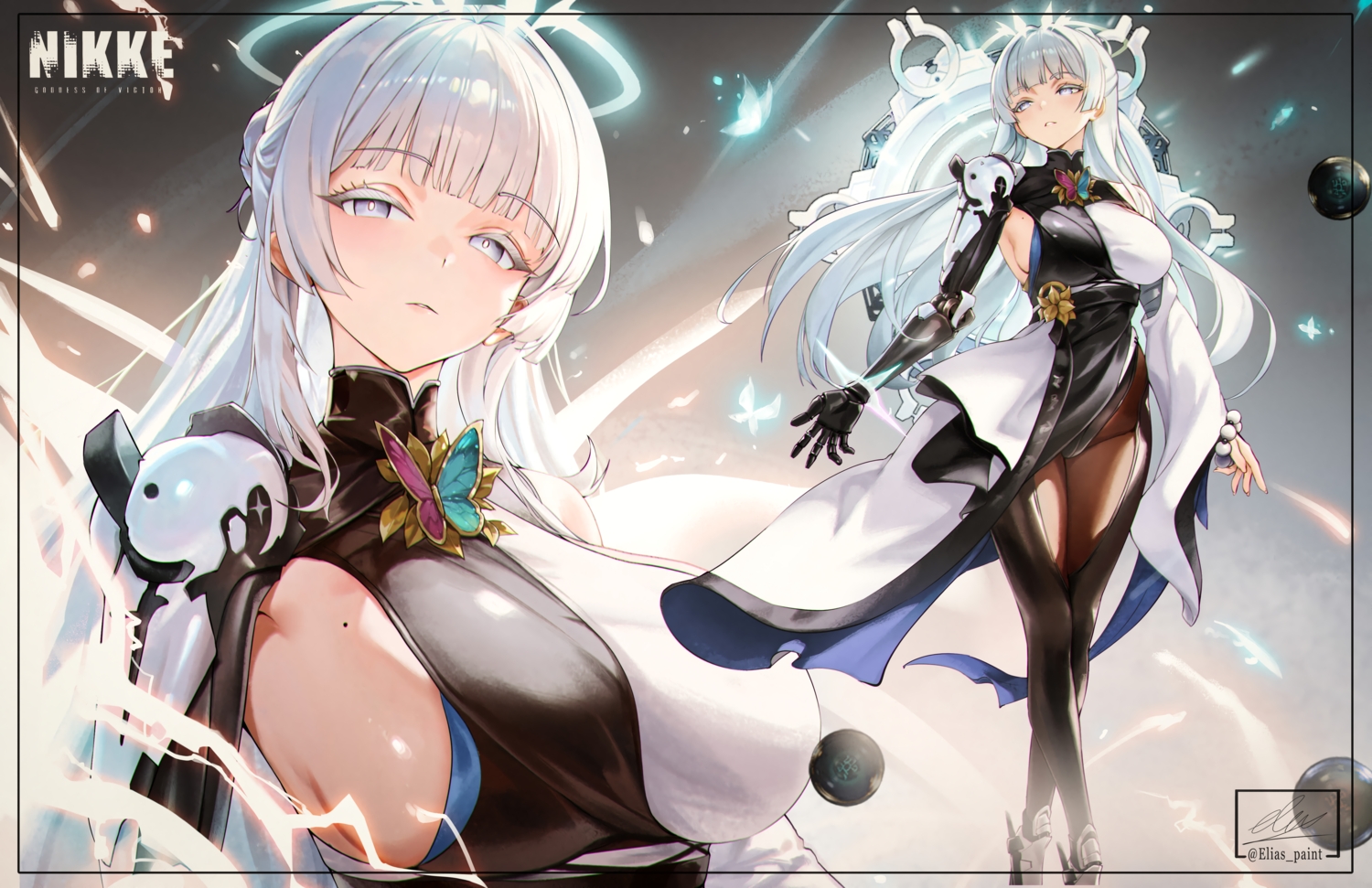 breasts, butterfly, elias2art, goddess_of_victory:_nikke, gray_eyes, gray_hair, halo, leotard