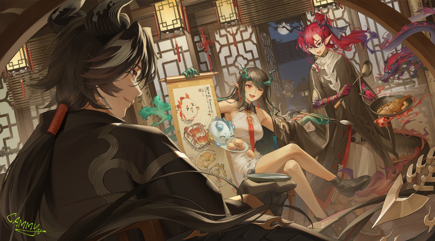 aqua_eyes, arknights, black_hair, boots, cammy_(cammy_bili_bili), chinese_clothes, chong_yue_(arknights), dragon, dress, drink, dusk_(arknights), food, gloves, horns, long_hair, male, moon, night, pointed_ears, ponytail, red_eyes, red_hair, sake, signed, sky, tail, wink, wristwear, yu_(arknights)