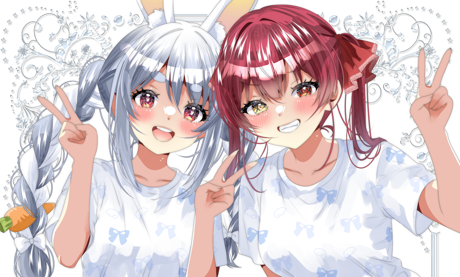 2girls, aliasing, animal_ears, bicolored_eyes, blush, braids, bunny_ears, bunnygirl
