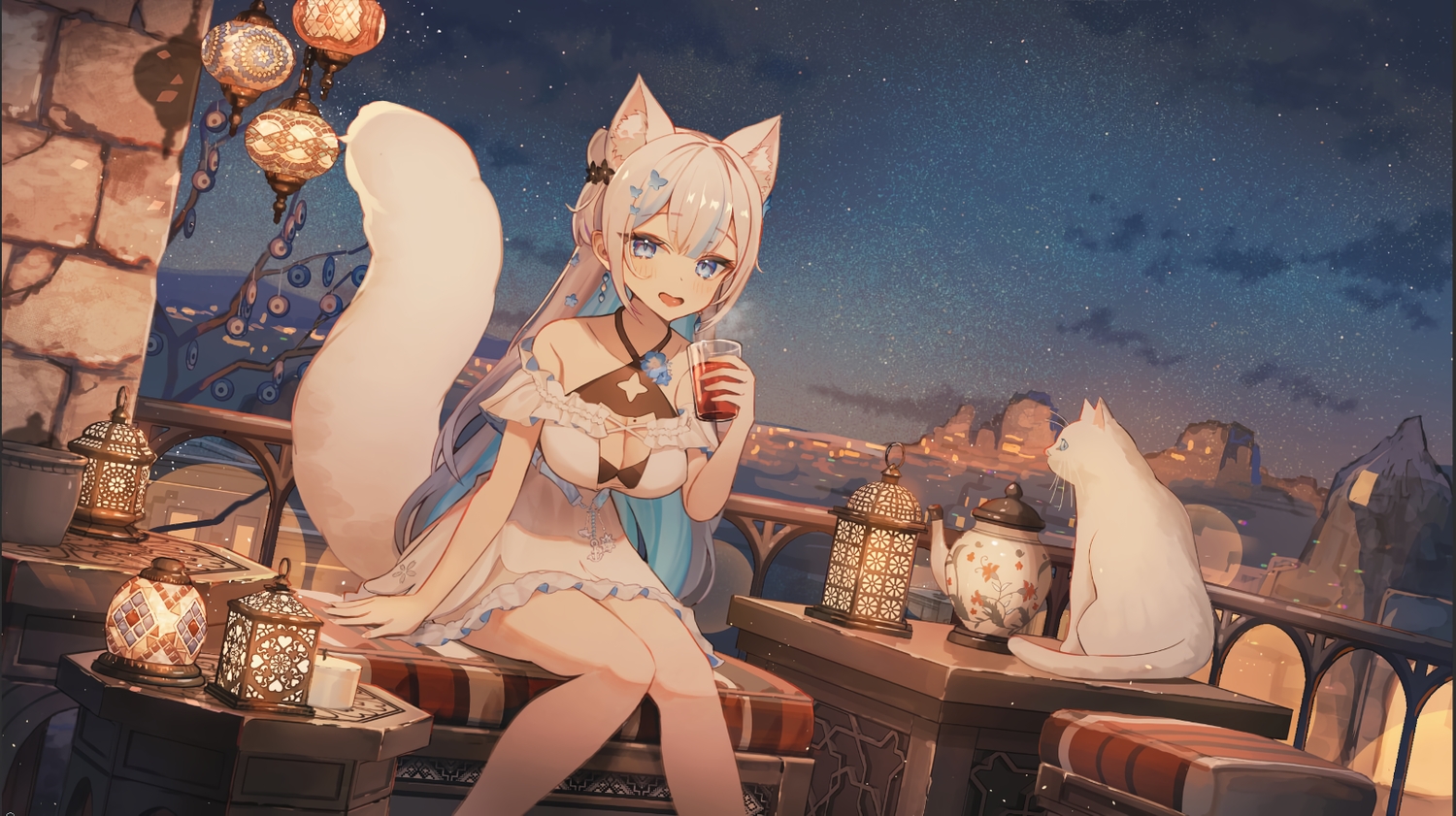 animal, animal_ears, blue_eyes, blush, breasts, building, cat, catgirl, city, cleavage, dress, drink, indie_virtual_youtuber, long_hair, night, shirogane_momo, sky, stars, tail, tamago_nezumi, white_hair