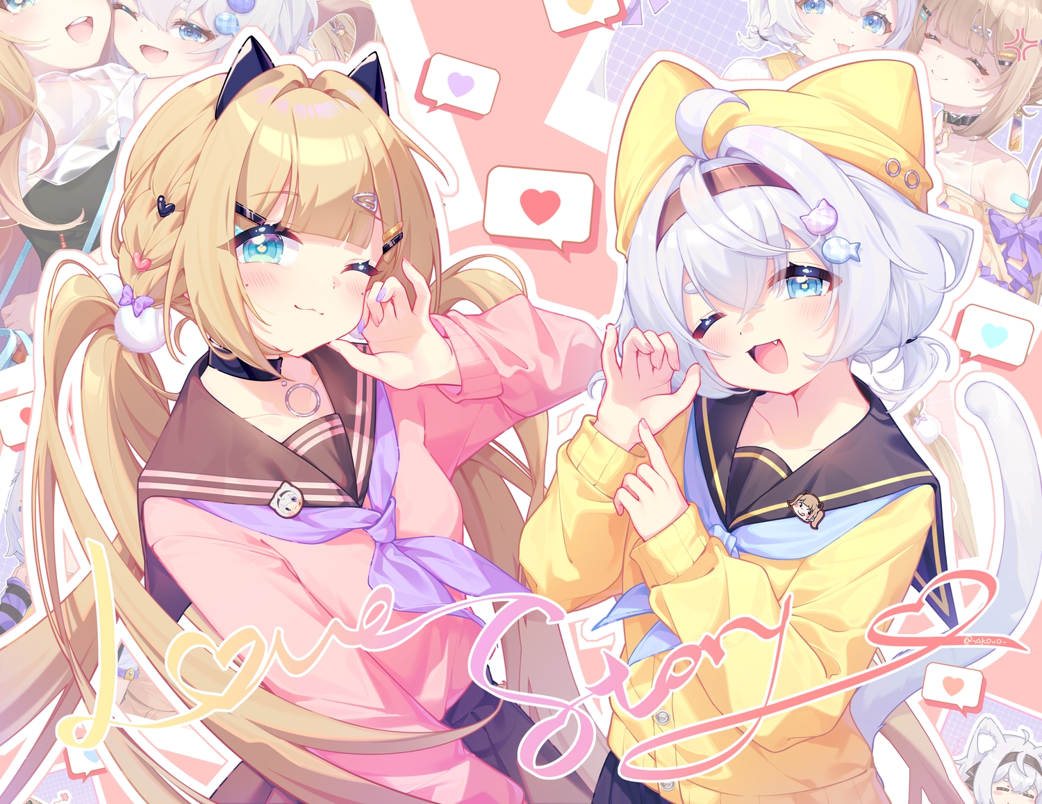 2girls, akovo, animal_ears, aqua_eyes, blonde_hair, blue_eyes, blush, braids