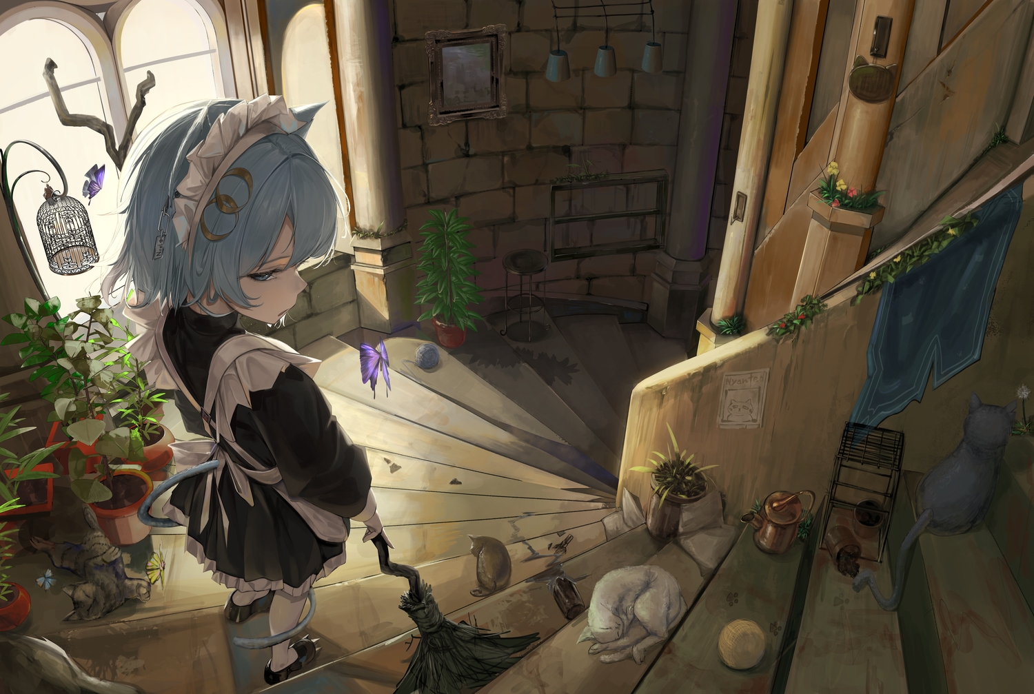 animal, animal_ears, apron, blue_eyes, blue_hair, butterfly, cage, cat