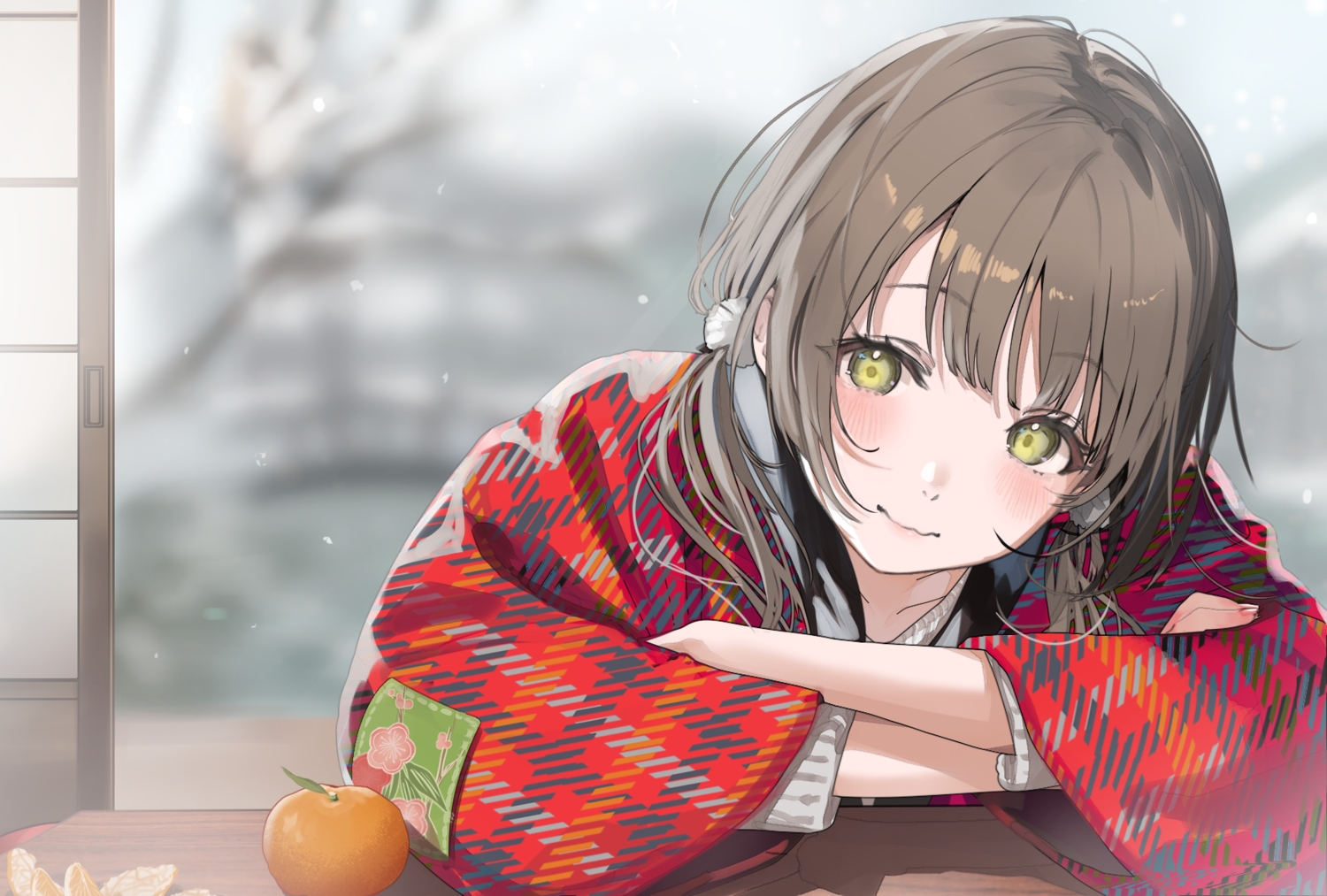 blush, brown_hair, close, food, fruit, green_eyes, kotatsu, long_hair
