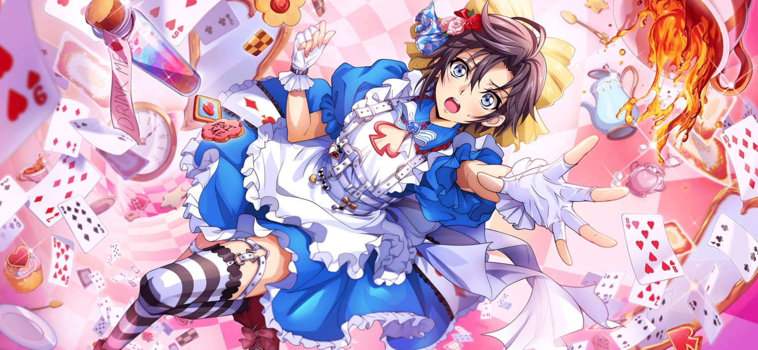 alice_in_wonderland, all_male, apron, blue_eyes, bow, brown_hair, cake, code_geass, cosplay, dress, drink, f4samurai, food, garter, gloves, lolita_fashion, male, mario_disel, mirror, otoko_no_ko, short_hair, thighhighs