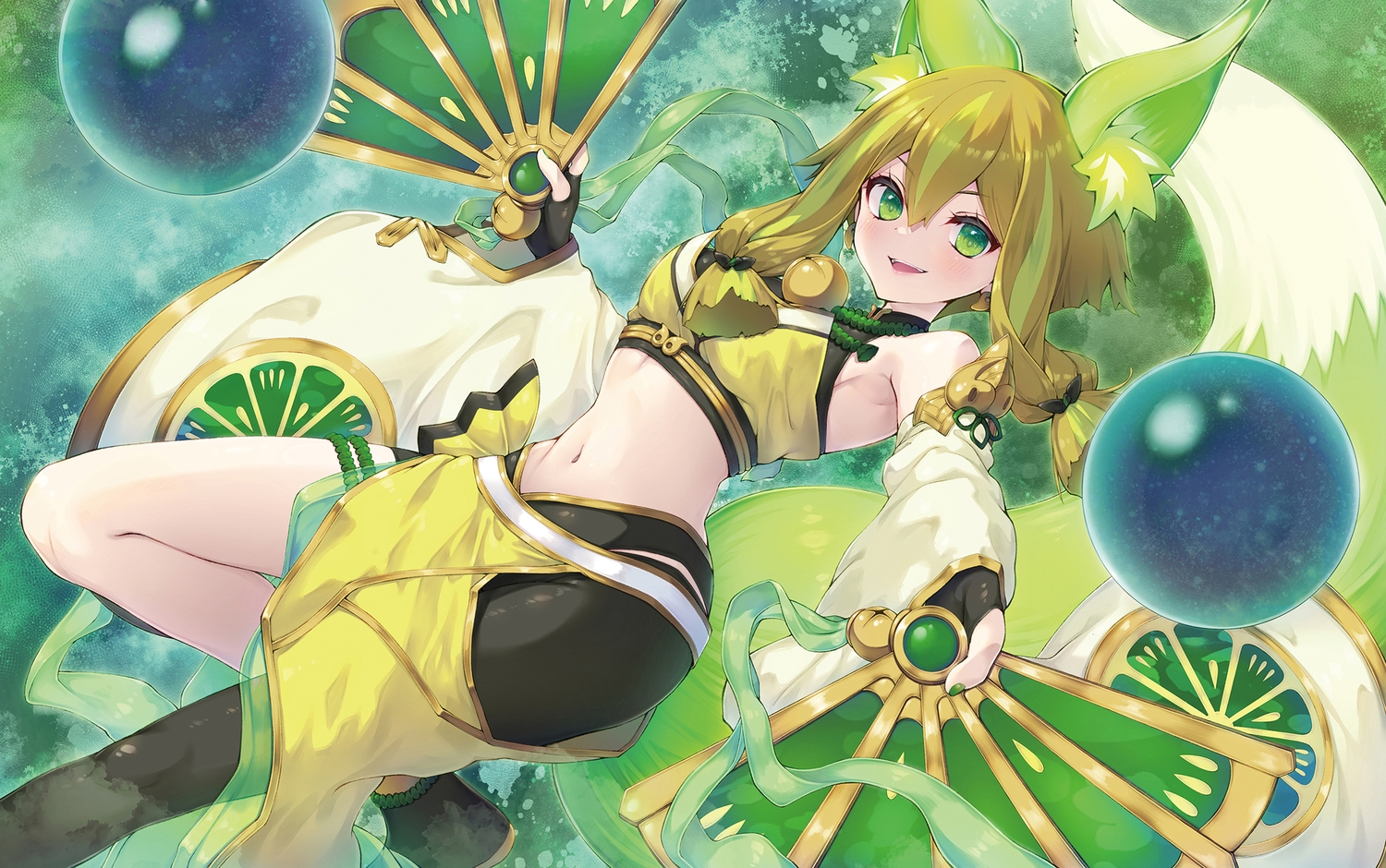 animal_ears, bell, blonde_hair, blush, fan, foxgirl, garter, gloves