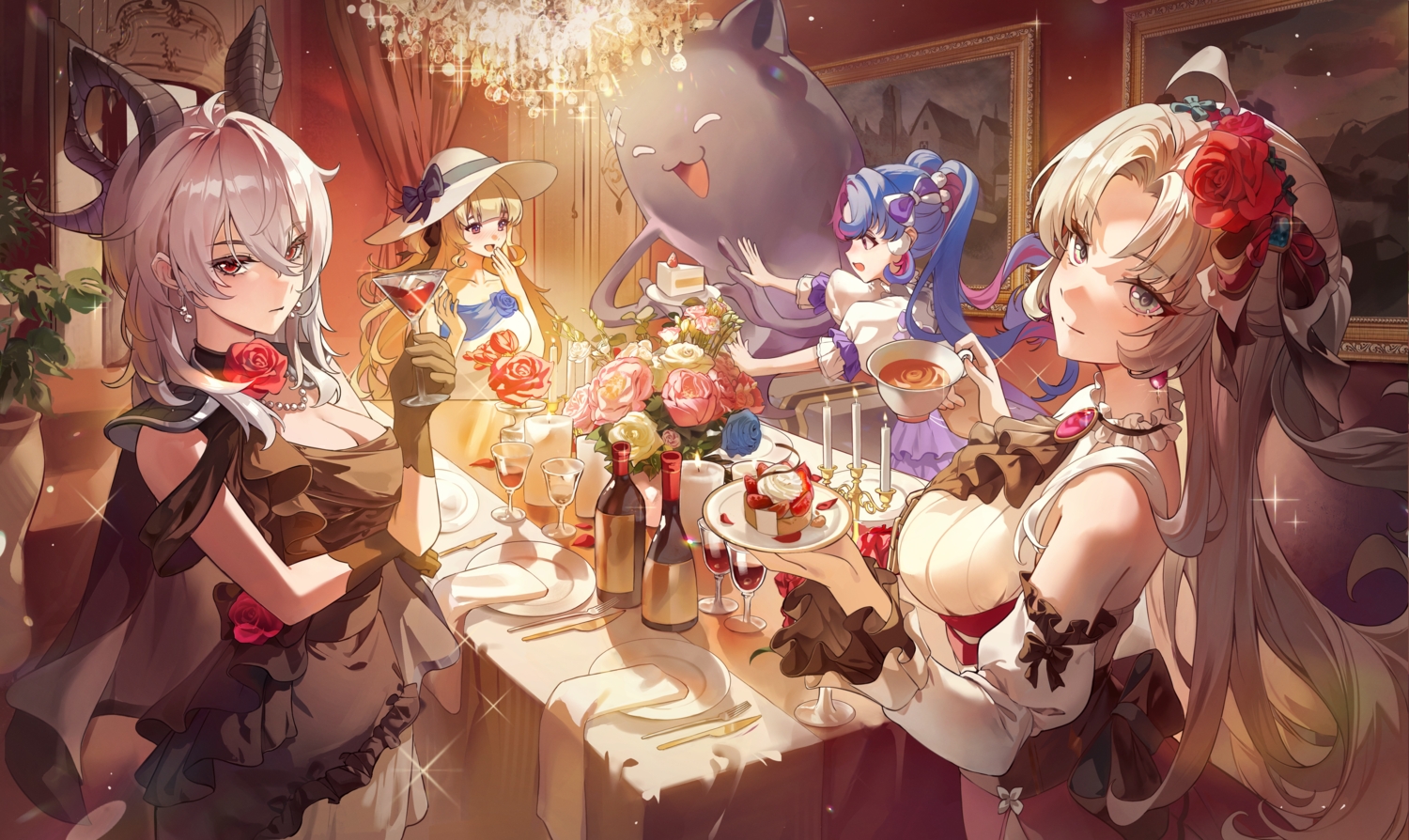 blonde_hair, blush, breasts, cake, carlotta_(wuthering_waves), cleavage, datsha, dress, drink, flowers, food, gloves, gray_hair, group, hat, horns, necklace, phoebe_(wuthering_waves), purple_eyes, purple_hair, red_eyes, roccia_(wuthering_waves), wuthering_waves, zani_(wuthering_waves)
