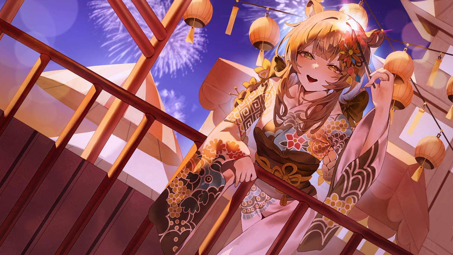 animal_ears, bicolored_eyes, brown_hair, fireworks, indol, japanese_clothes, kimono, night