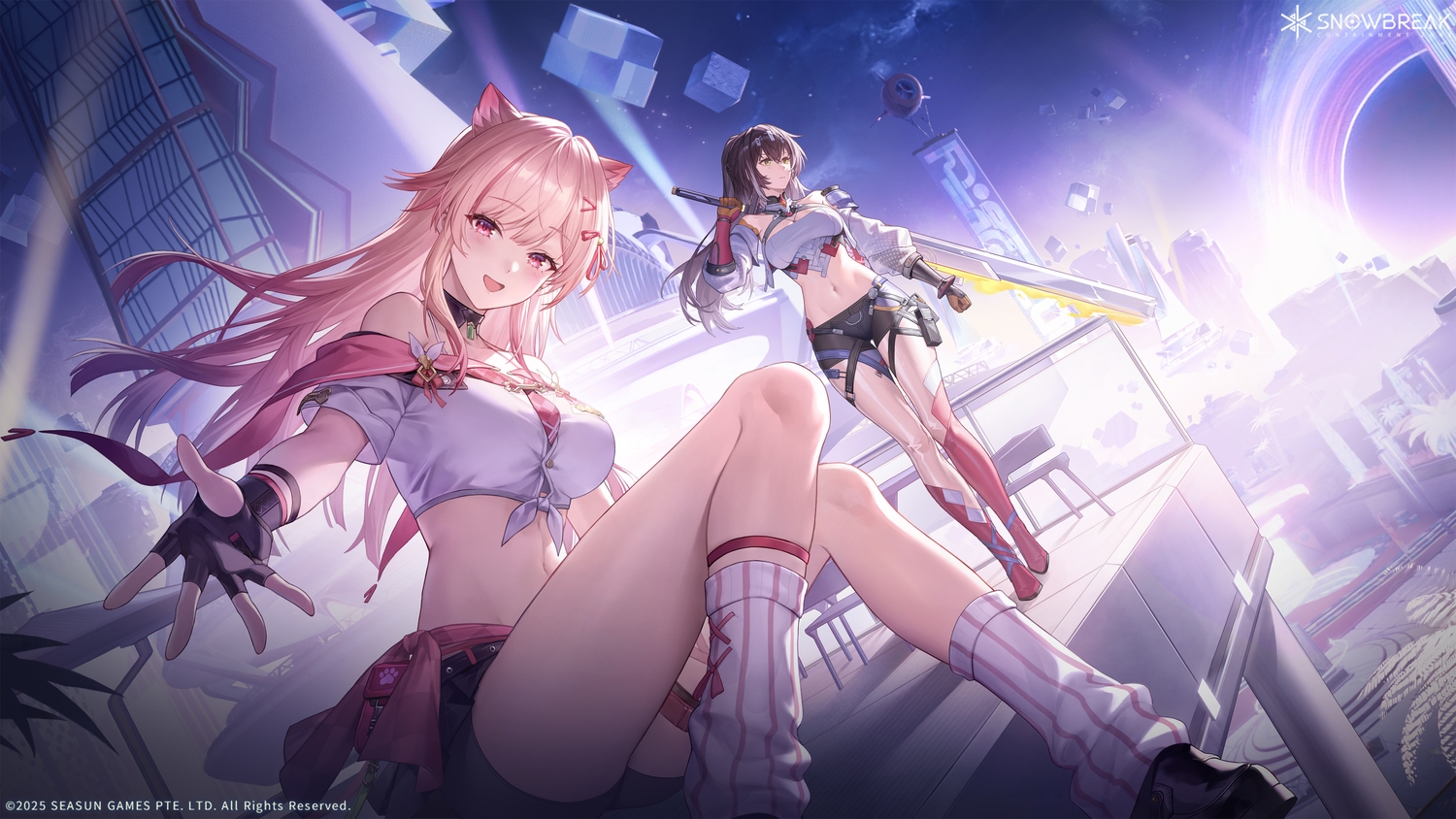 2girls, animal_ears, blonde_hair, blush, boots, brown_hair, building, choker, city, doggirl, garter, gloves, green_eyes, logo, long_hair, mia_skye, naruse_haru_(snowbreak), navel, necklace, pink_eyes, ponytail, ruins, shirt, shorts, sky, snowbreak:_containment_zone, sword, tagme_(artist), tree, watermark, weapon