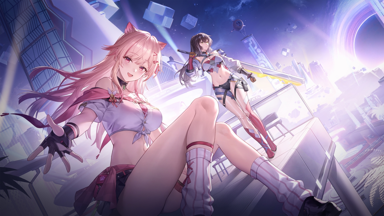 2girls, animal_ears, blonde_hair, blush, boots, brown_hair, building, choker