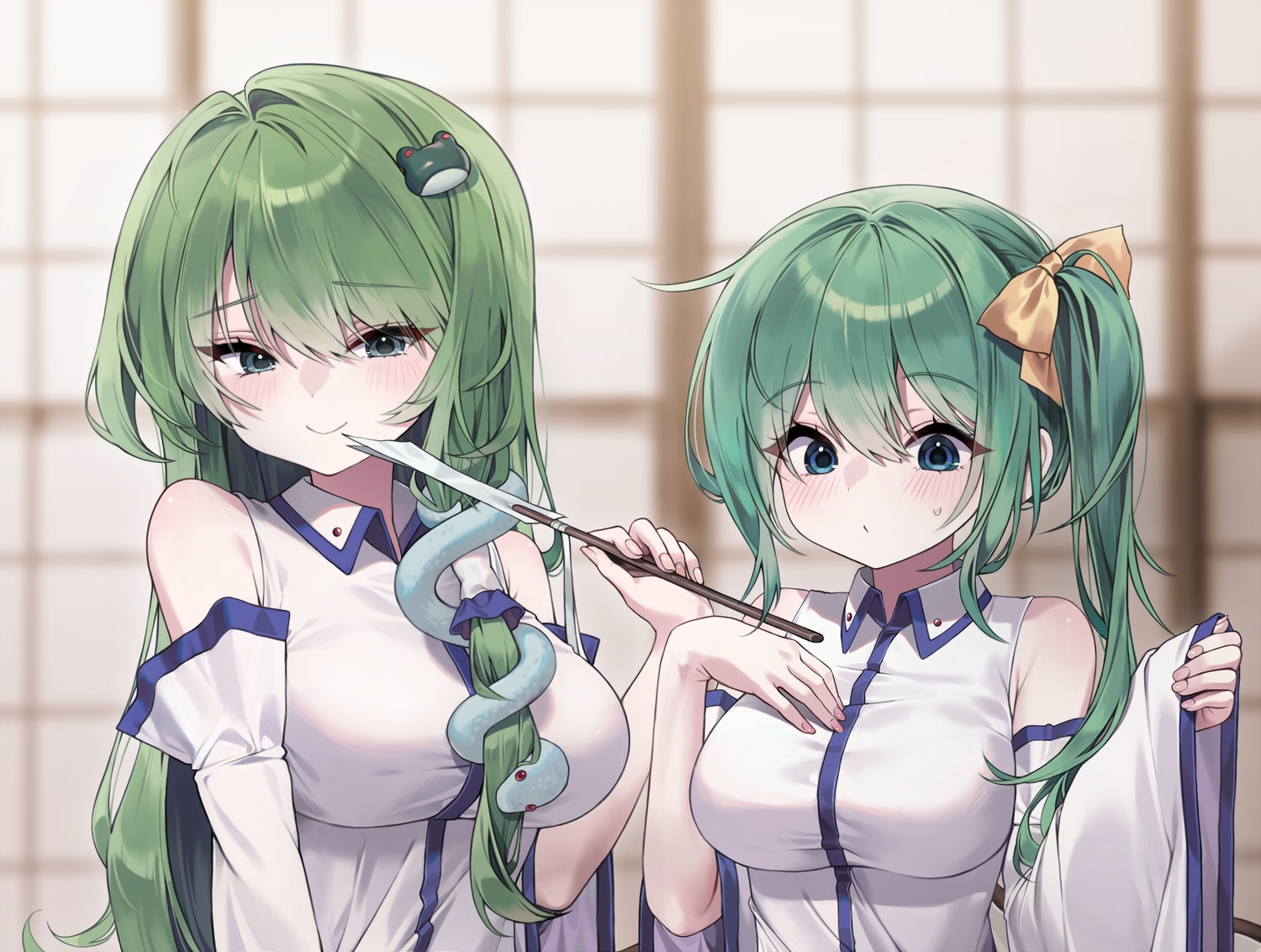 2girls, animal, blue_eyes, blush, bow, breast_hold, breasts, daiyousei
