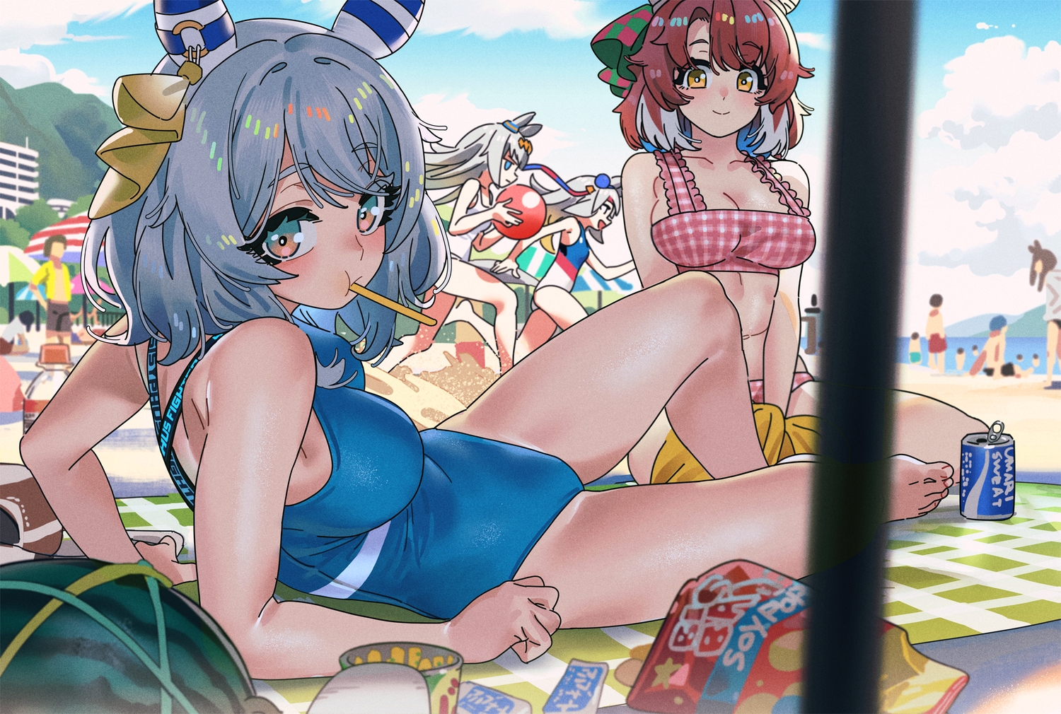 animal_ears, anthropomorphism, aqua_eyes, ball, barefoot, beach, bikini, breasts