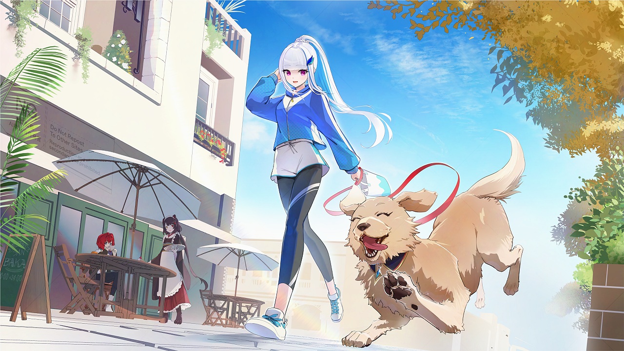 aliasing, ange_katrina, animal, animal_ears, apron, bicolored_eyes, black_hair, blue_eyes, braids, building, clouds, dog, doggirl, inui_toko, japanese_clothes, kimono, leaves, lize_helesta, long_hair, maid, nijisanji, ponytail, purple_eyes, red_hair, short_hair, shorts, sky, sunano_reona, tree, twintails, umbrella, white_hair