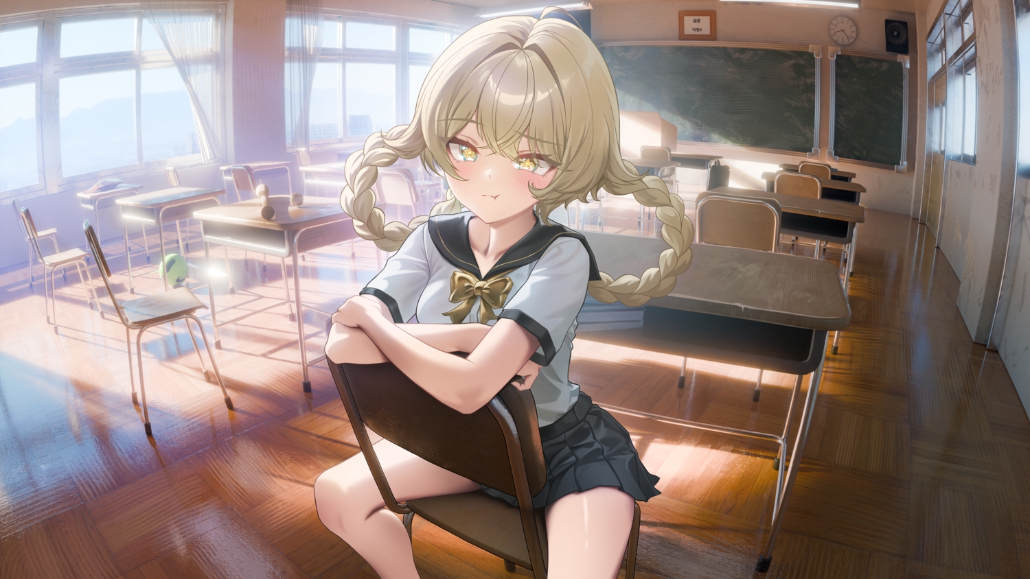 3d, ball, blonde_hair, blush, bow, braids, building, genshin_impact, guisin_(chibi_ghost), jahoda_(genshin_impact), long_hair, school_uniform, shirt, skirt, sky, spread_legs, yellow_eyes